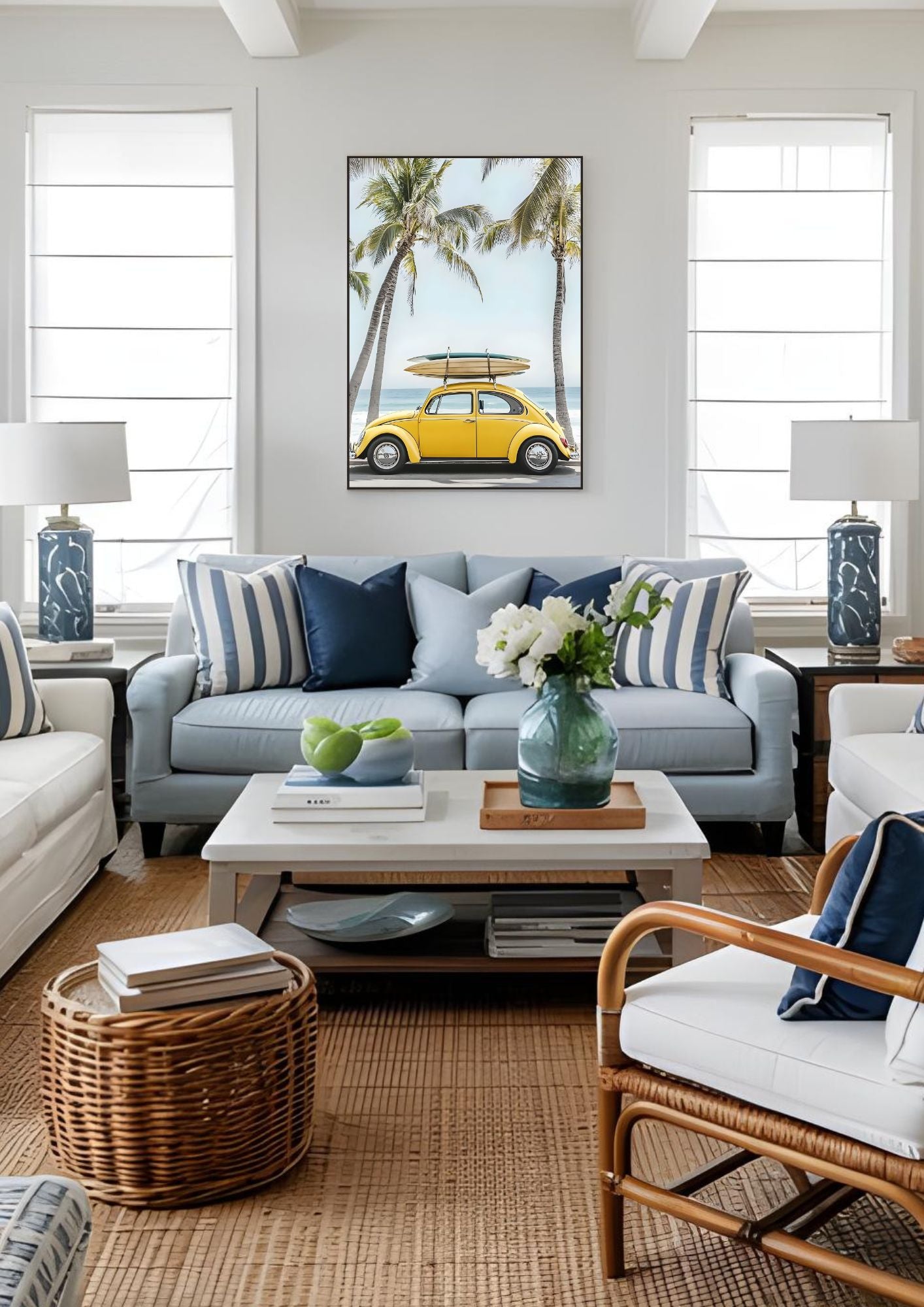 Modern Coastal Wall Art – Yellow VW Beetle with Surfboards – Printable Beach Poster for Summer Decor