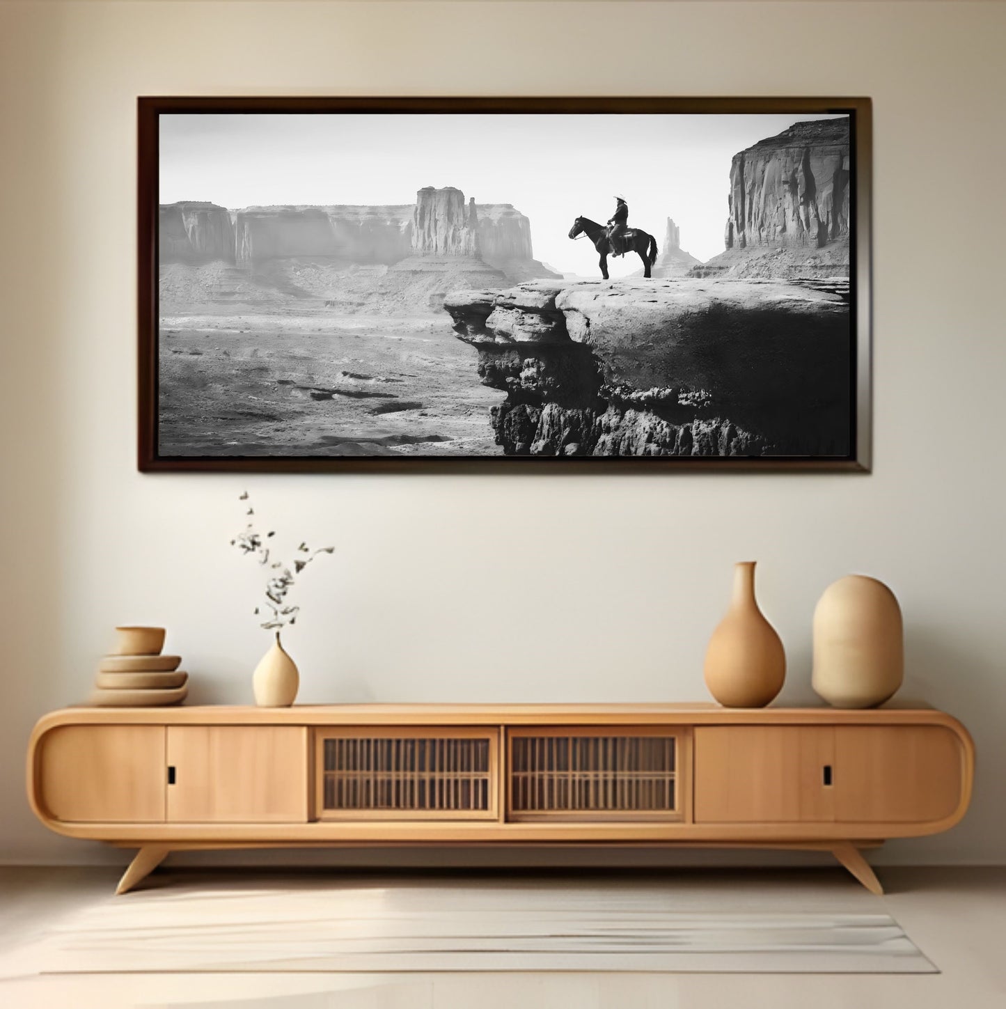 Western Wall Art Print featuring black and white cowboy landscape, adding timeless American West spirit to home decor.