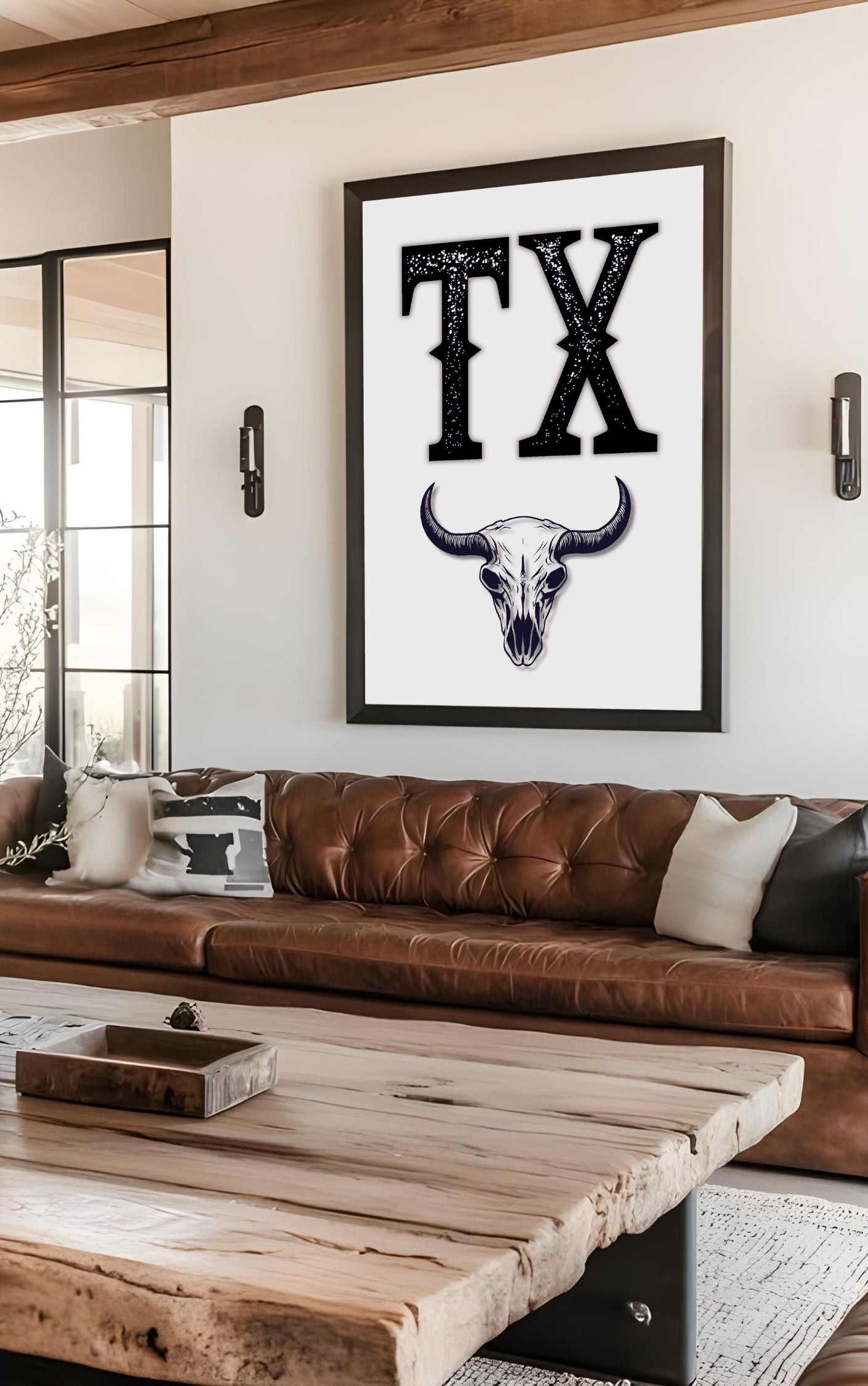 Bold TX Print with Bull Skull – Western Cowboy Wall Art, Texas Rustic Decor, Country Style Printable Poster, Digital Download