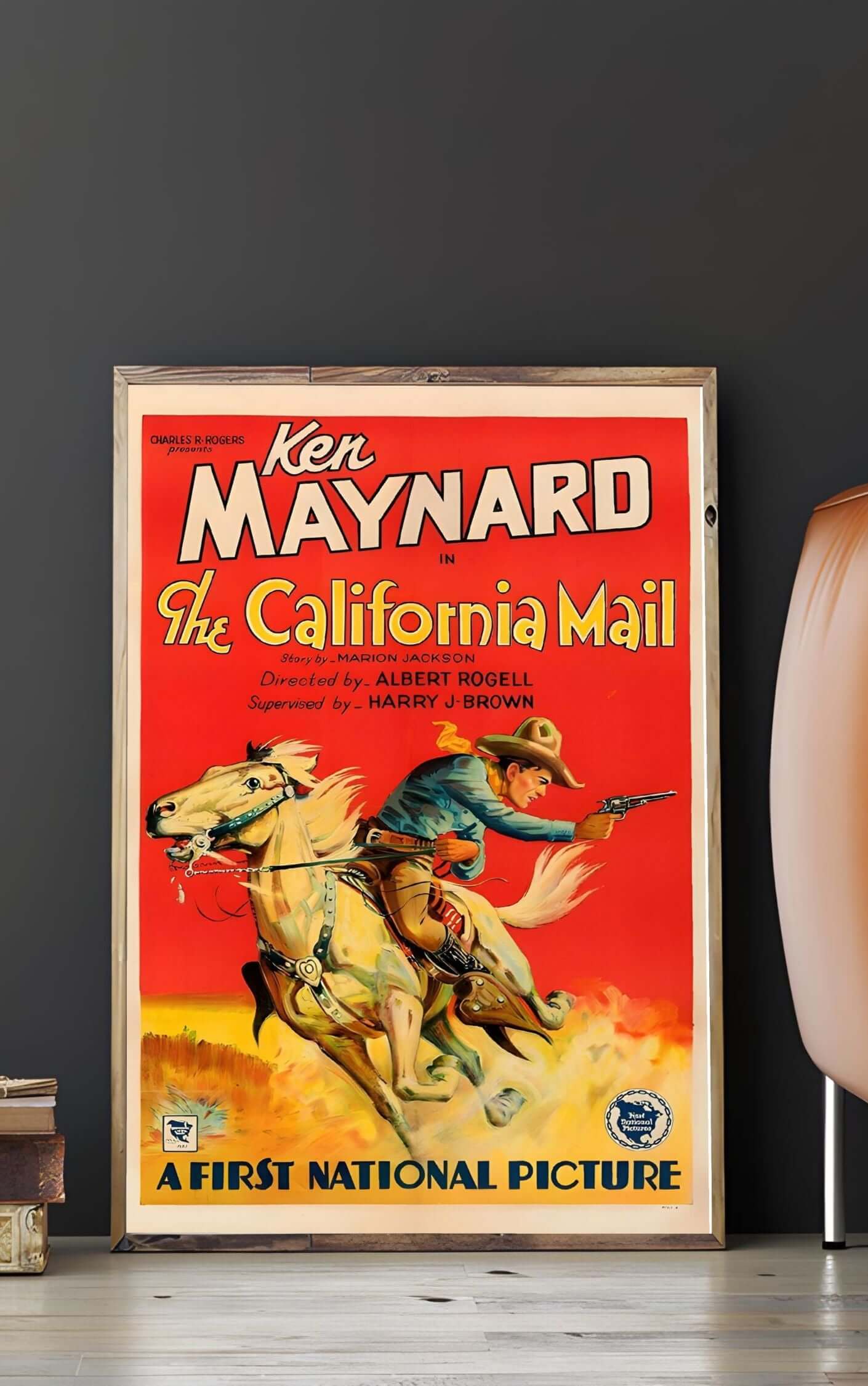 Vintage Western Cowboy Poster of Ken Maynard in 1930s The California Mail, perfect for rustic décor and nostalgic Americana art enthusiasts.