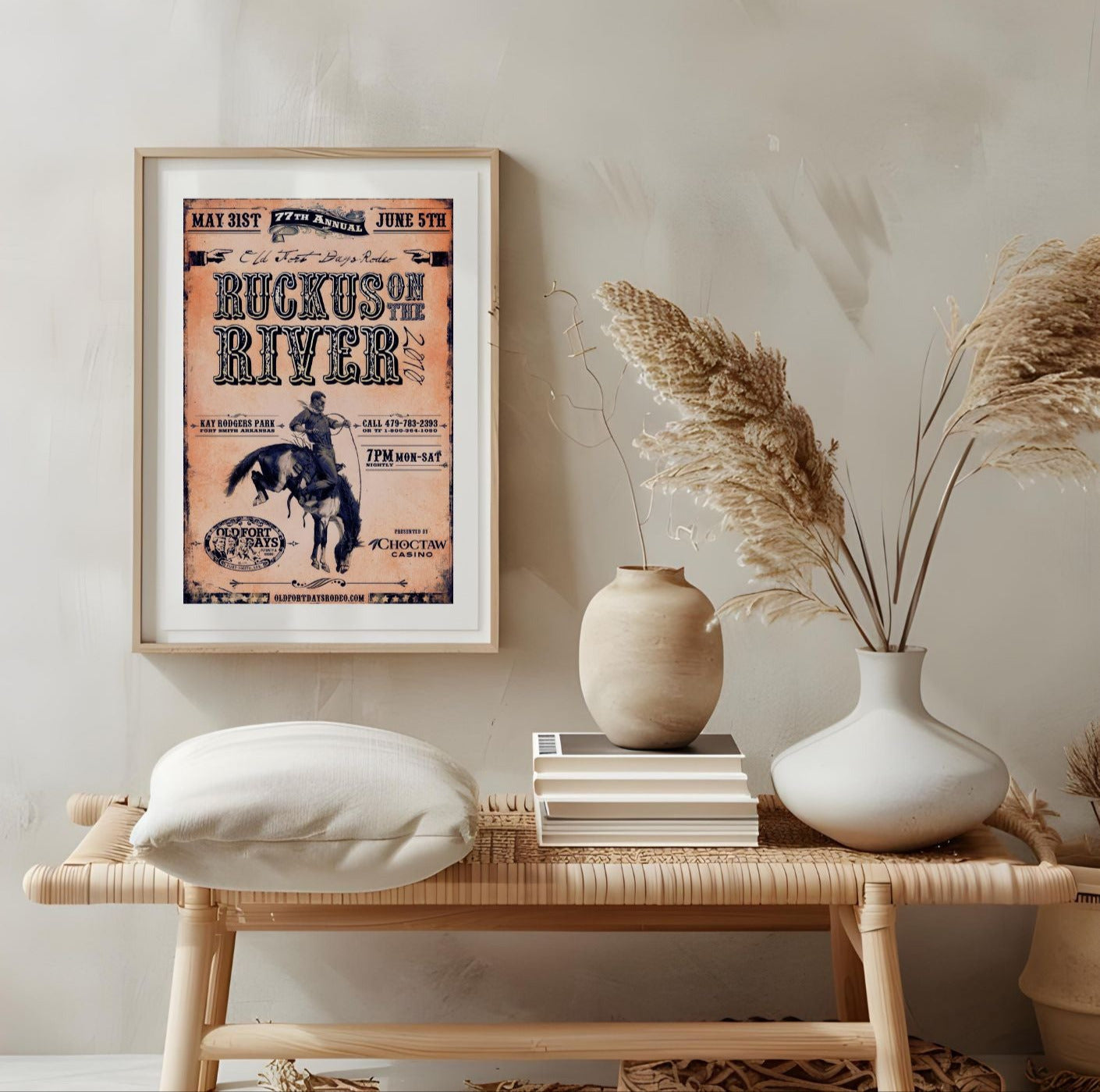 Vintage Rodeo Poster – Ruckus on the River 2010 – Western Cowboy Wall Art for Rustic Home Decor