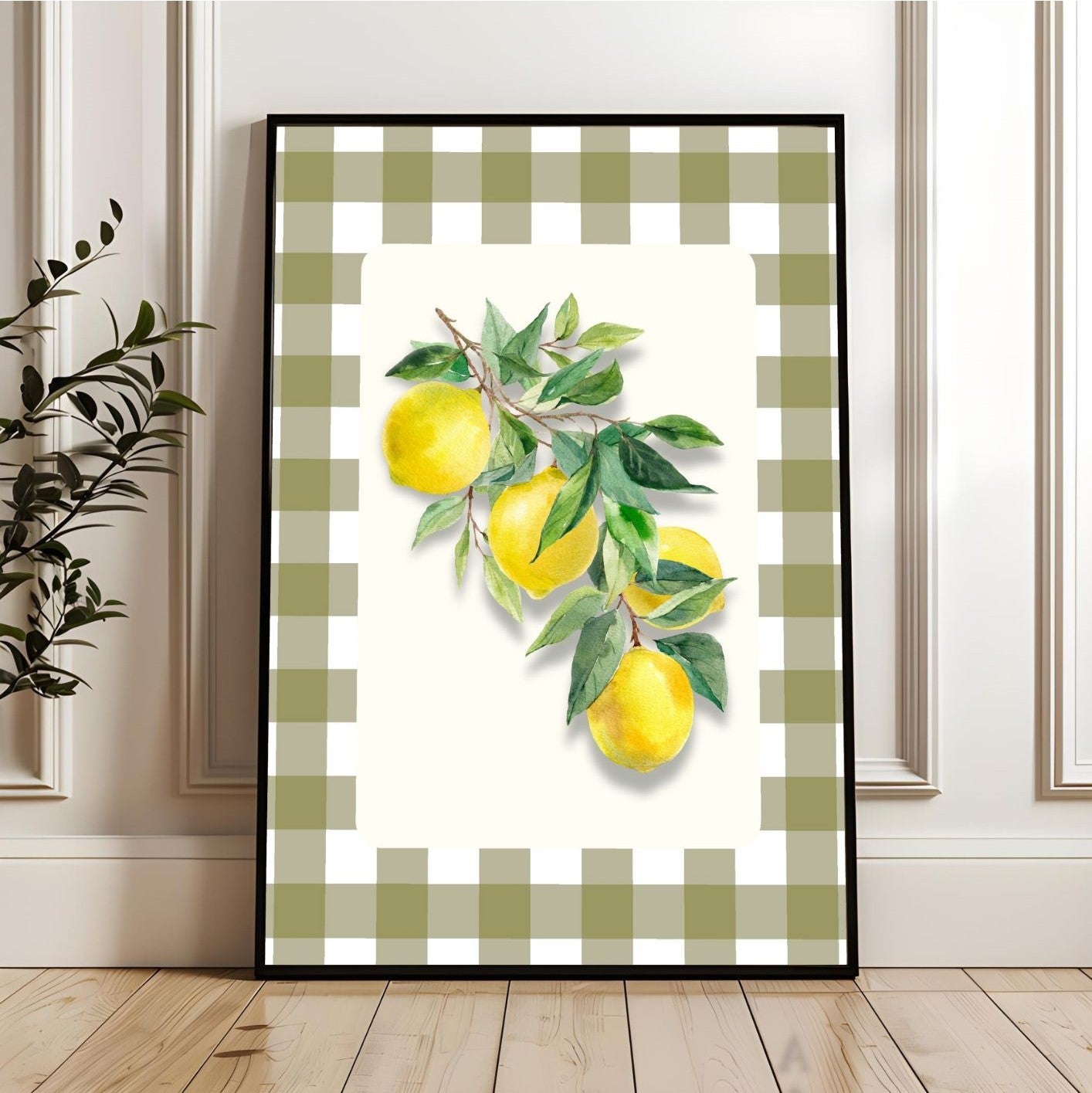 Lemon Kitchen Wall Art – Country Style Gingham Fruit Print – Fresh Summer Citrus Poster