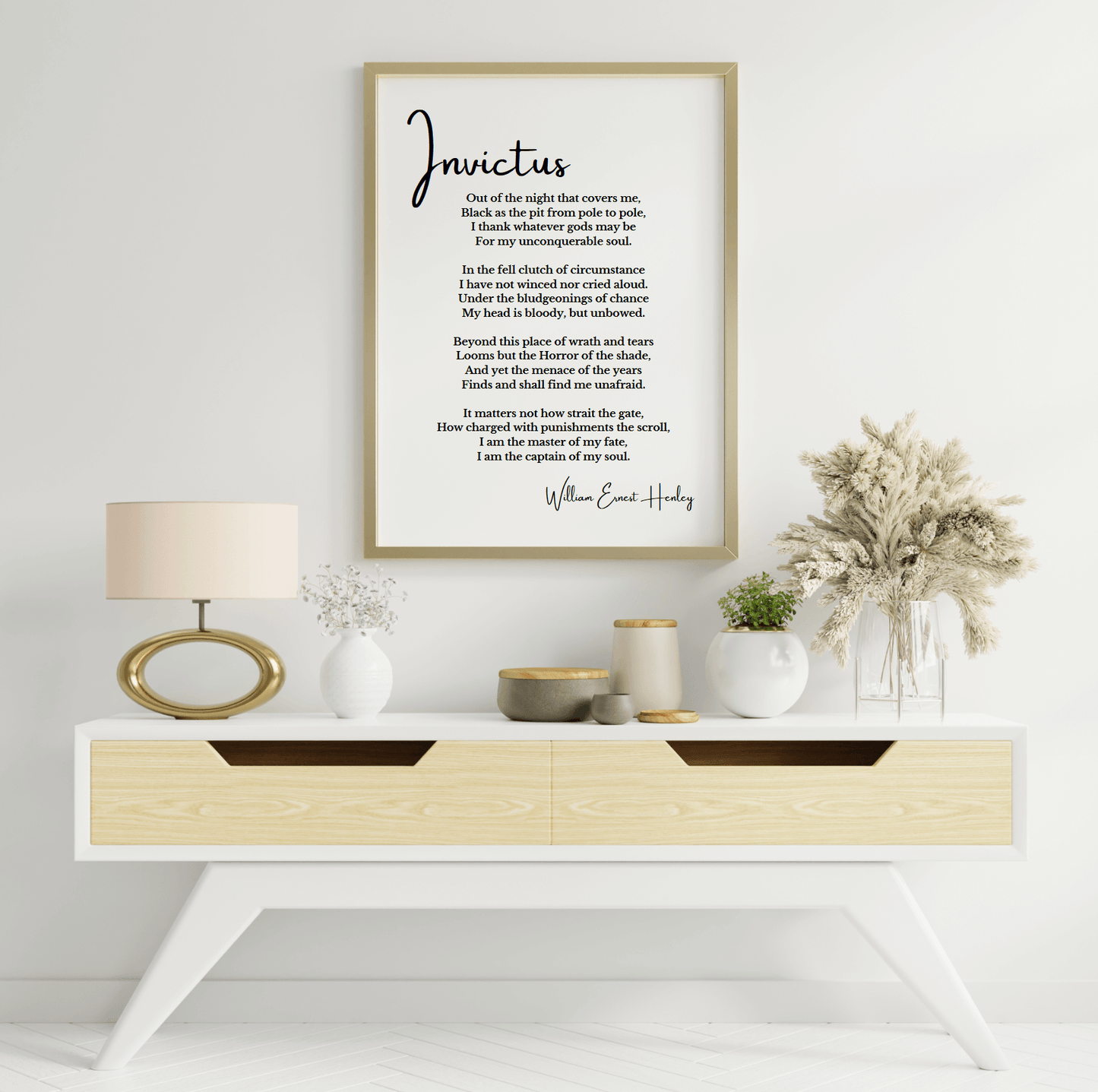 Invictus Poem Print – Motivational Printable Wall Art displayed in living room setting