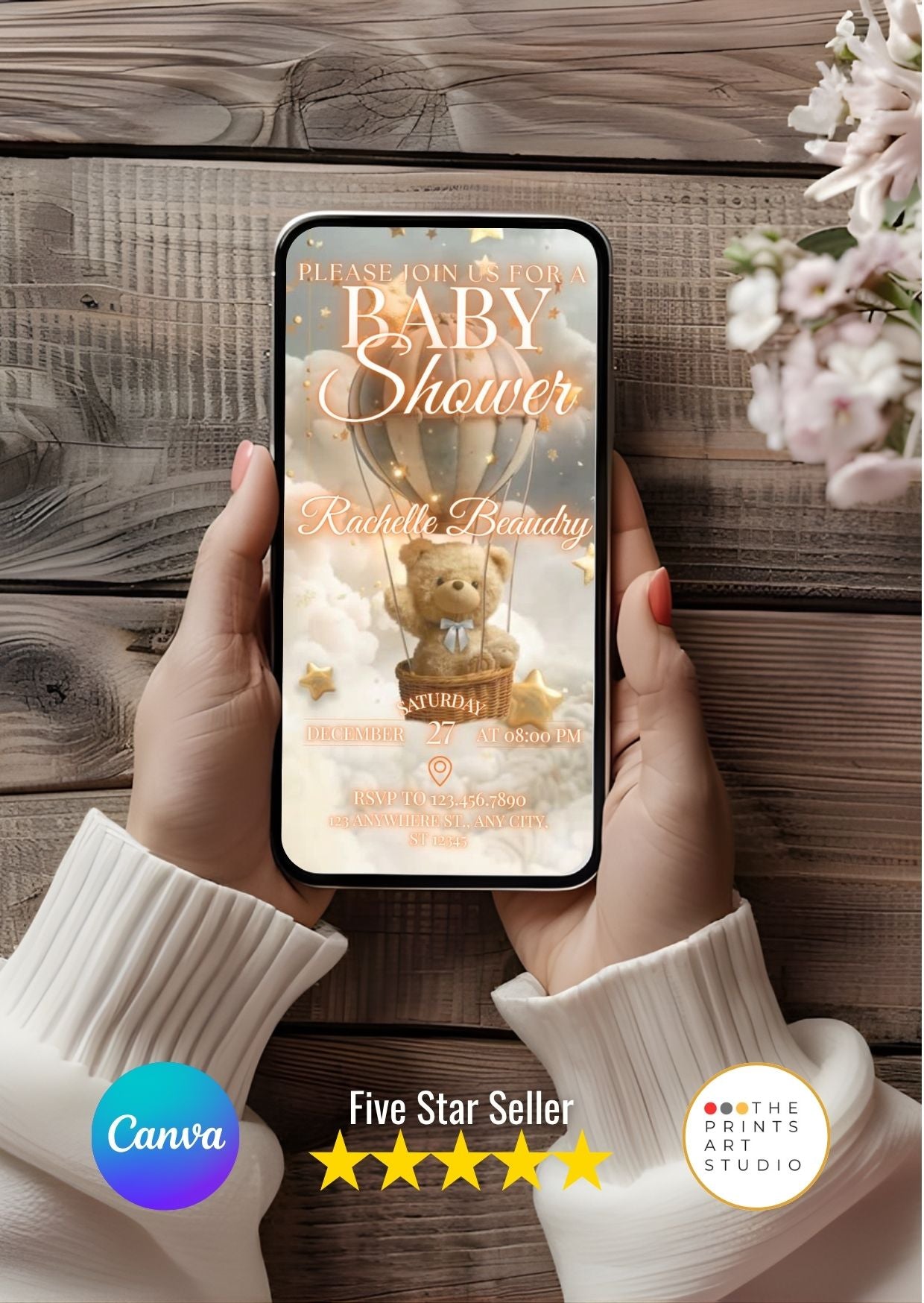 Teddy Bear Baby Shower Video Invitation Editable Canva MP4