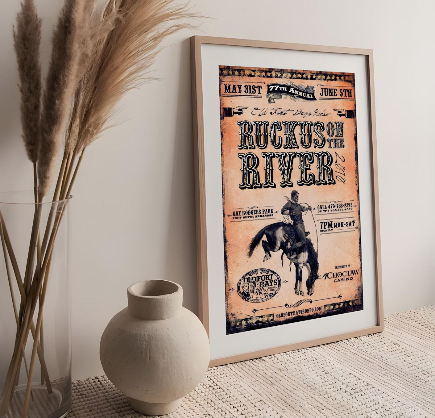 Vintage Rodeo Poster – Ruckus on the River 2010 – Western Cowboy Wall Art for Rustic Home Decor