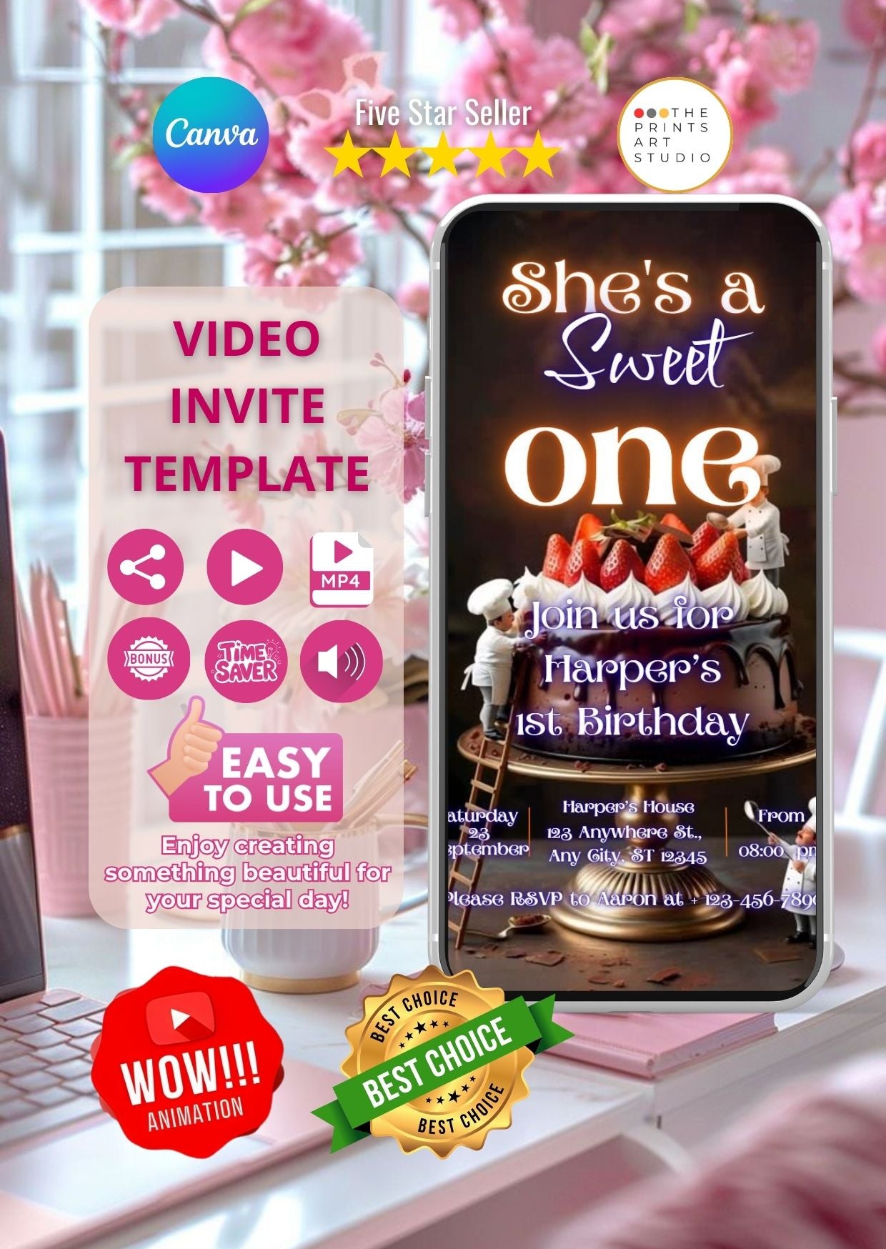 Sweet One Video Invitation Chocolate Birthday Invite displayed on a smartphone with pink floral background, best choice for parties.