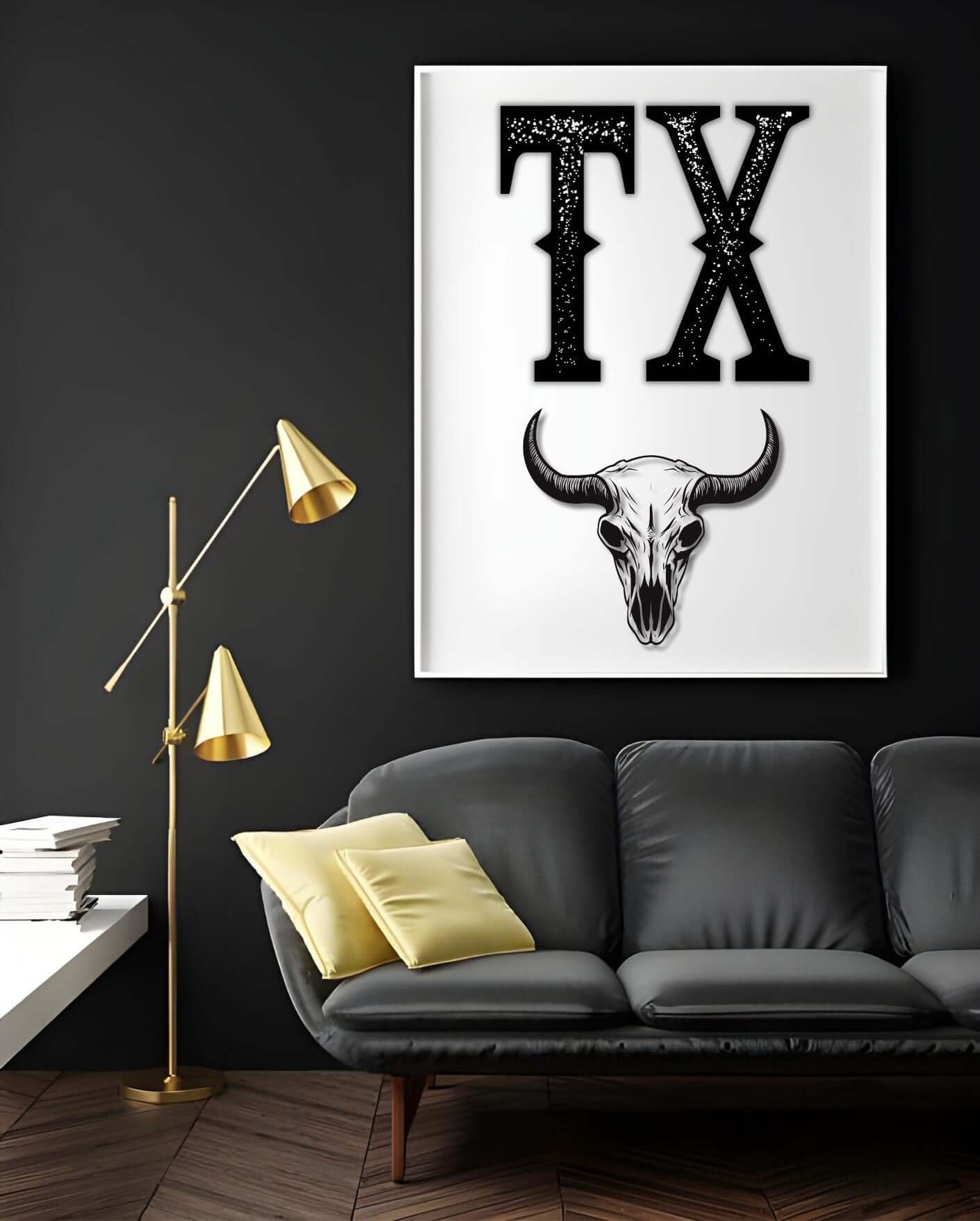 Texas Bull Skull Wall Art in living room with bold TX design, perfect for rustic home decor and cowboy-themed interiors.