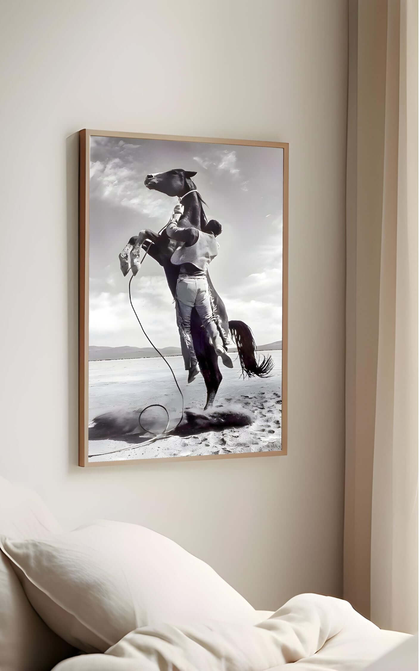 Black and white Cowboy Rodeo Wall Art featuring a cowboy on a rearing horse, perfect for rustic and vintage decor.