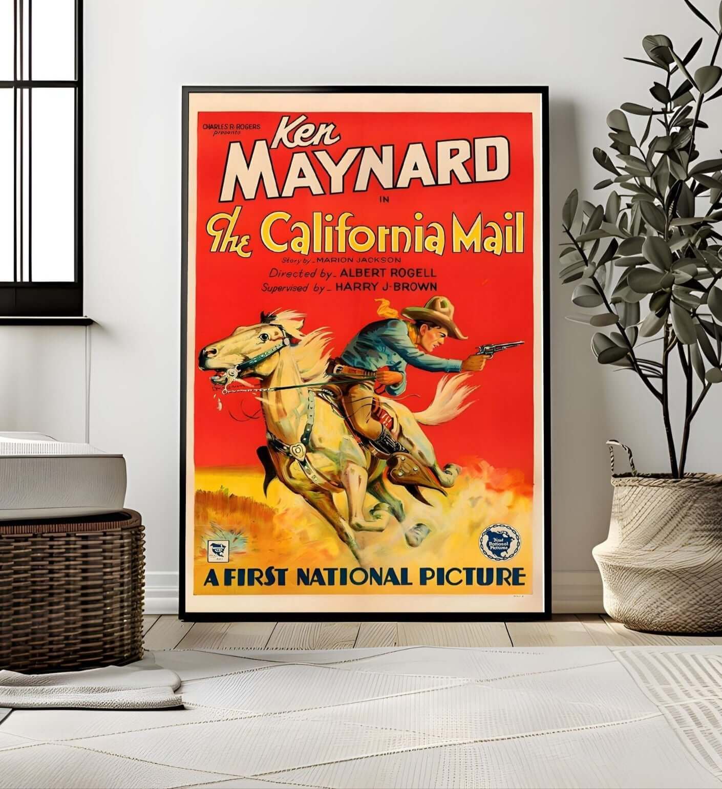 Vintage Western Cowboy Poster featuring Ken Maynard in The California Mail, ideal for rustic 1930s rodeo décor.