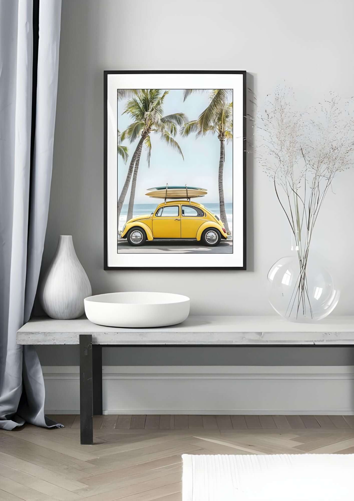 Framed Yellow VW Beetle Wall Art with surfboards under palm trees, perfect for coastal summer décor.