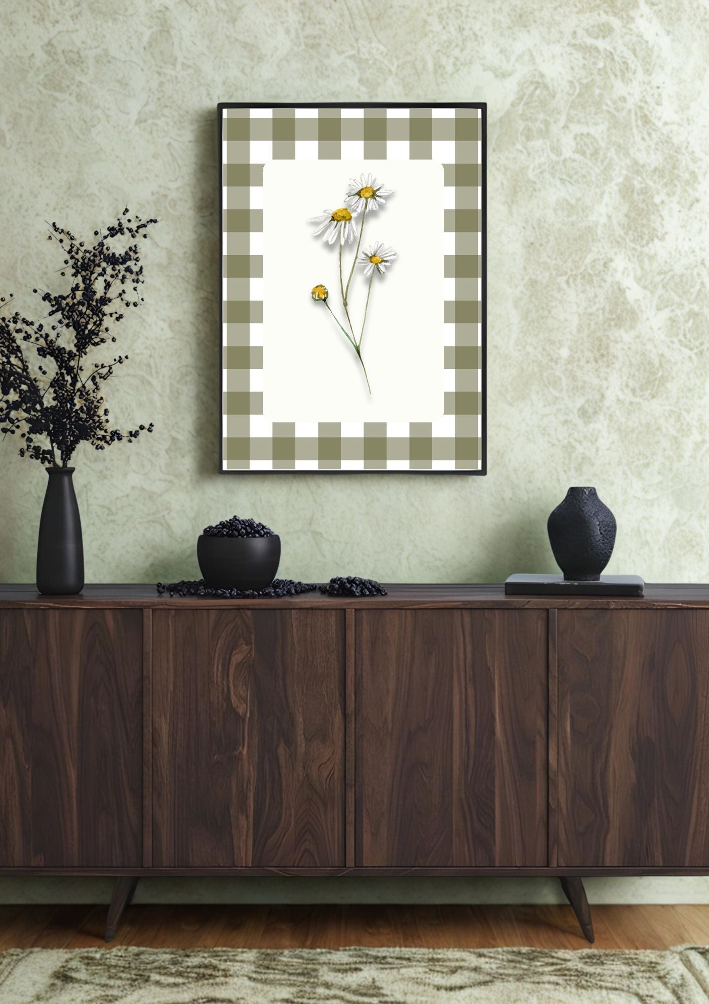 Summer Daisy Wall Art Printable – Farmhouse Kitchen Decor – Gingham Country Style Botanical Art