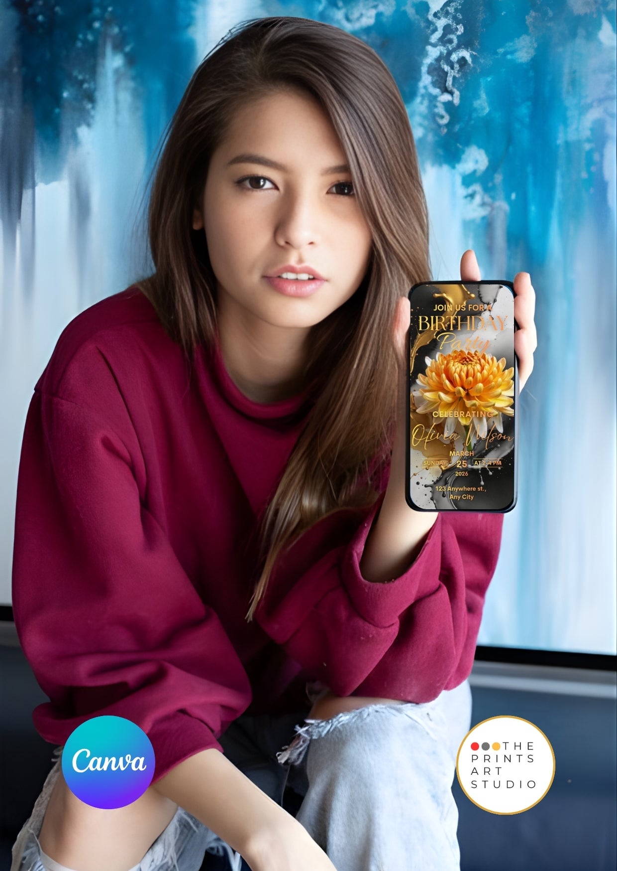 Woman holding phone displaying Editable Birthday Video Invitation Template Golden Floral Party Invite.