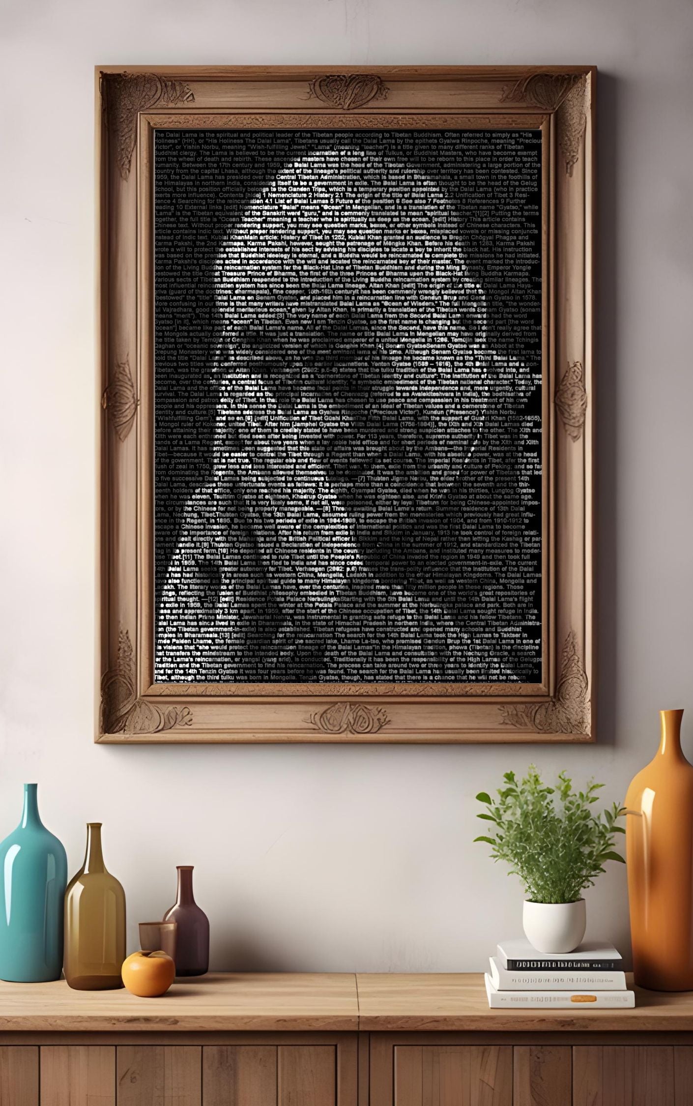 Dalai Lama Typography Portrait – Black & White Inspirational Wall Art – Printable Buddhist Quote Poster in a wooden frame.