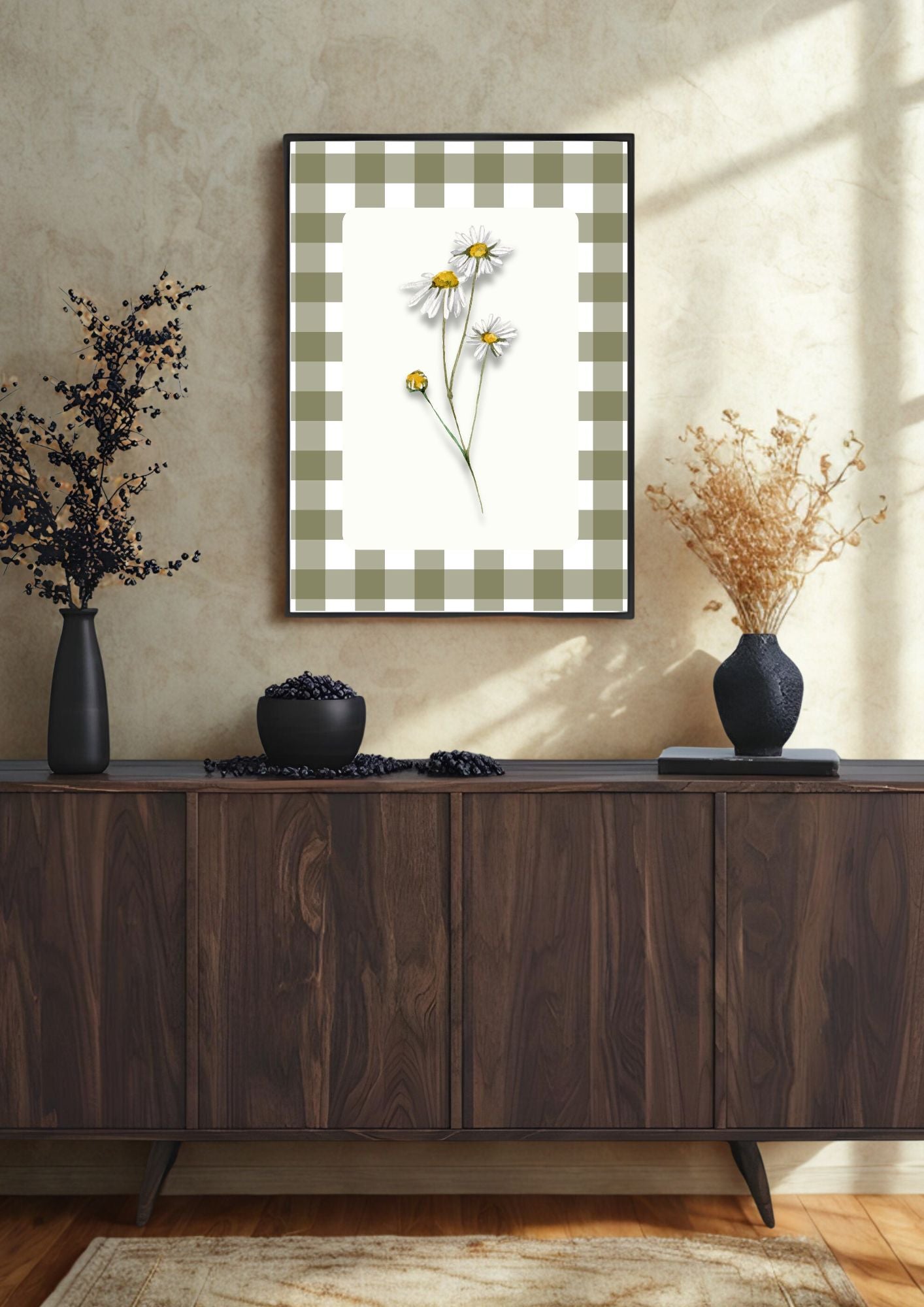 Summer Daisy Wall Art Printable – Farmhouse Kitchen Decor – Gingham Country Style Botanical Art