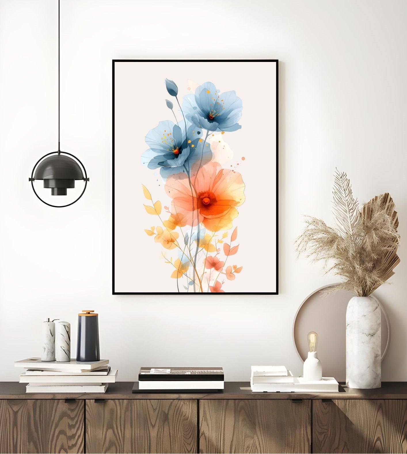 Watercolor Floral Wall Art – Modern Botanical Print with Blue and Orange Flowers – Minimalist Nature Decor for Living Room or Bedroom