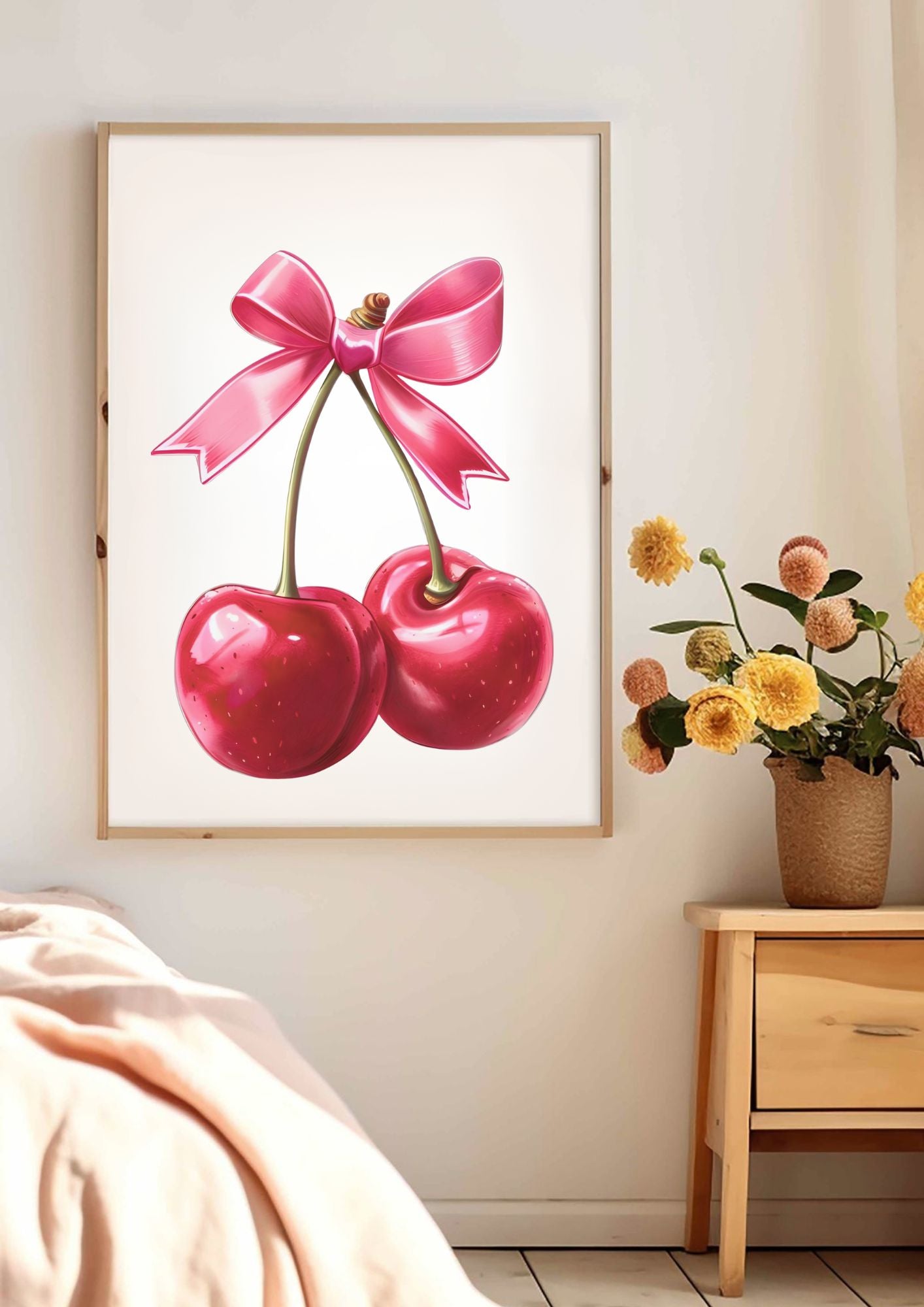 Retro Cherry Wall Art – Cute Pink Bow Kitchen Print – Pop Art Style Poster