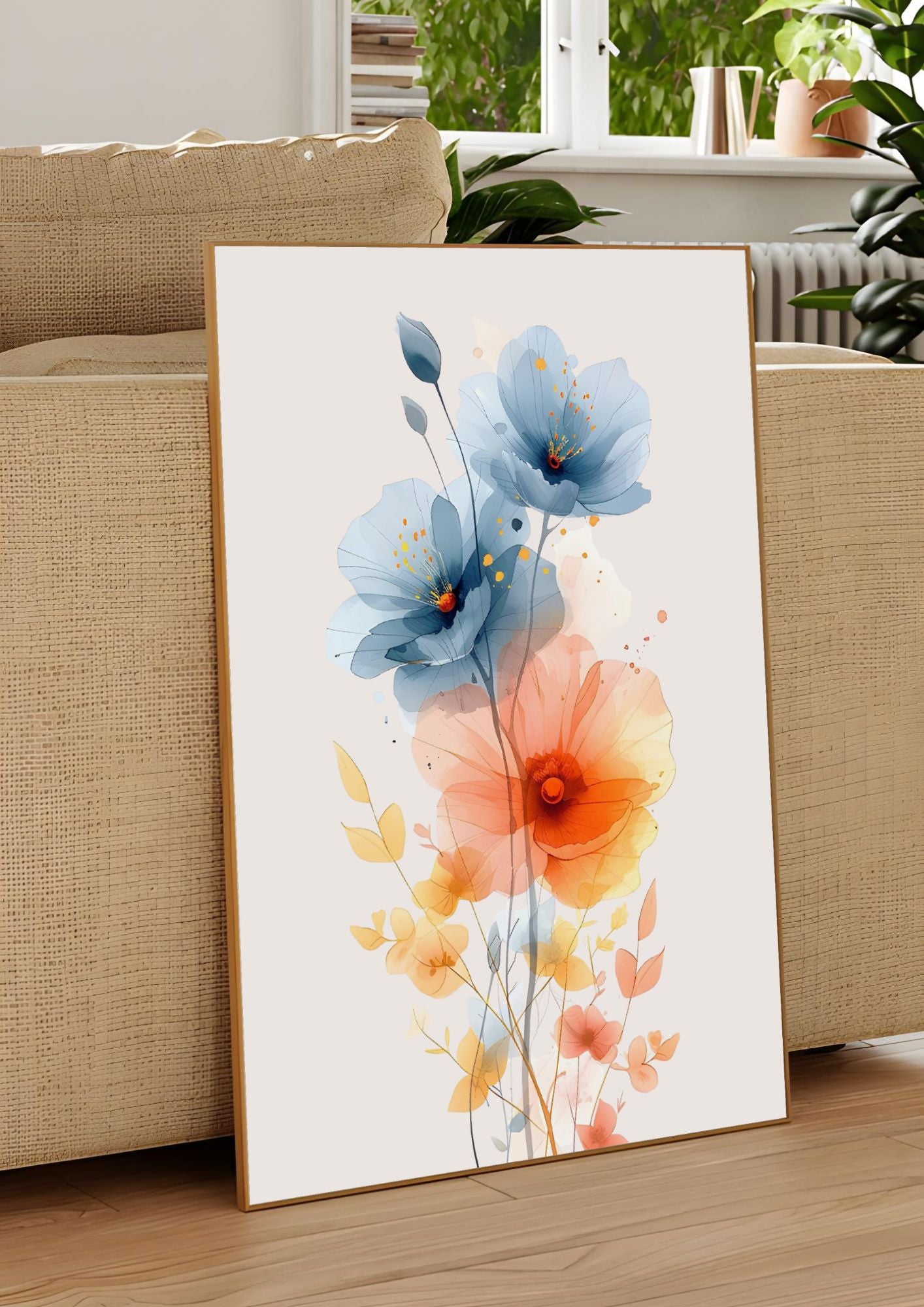 Watercolor Floral Wall Art – Modern Botanical Print with Blue and Orange Flowers – Minimalist Nature Decor for Living Room or Bedroom