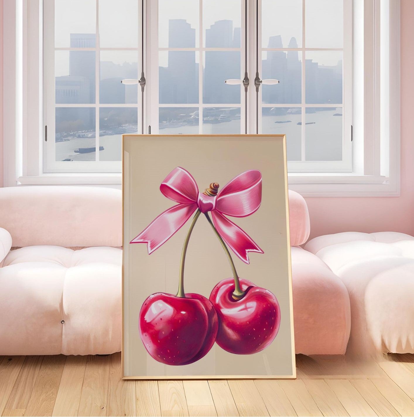 Retro Cherry Wall Art – Cute Pink Bow Kitchen Print – Pop Art Style Poster