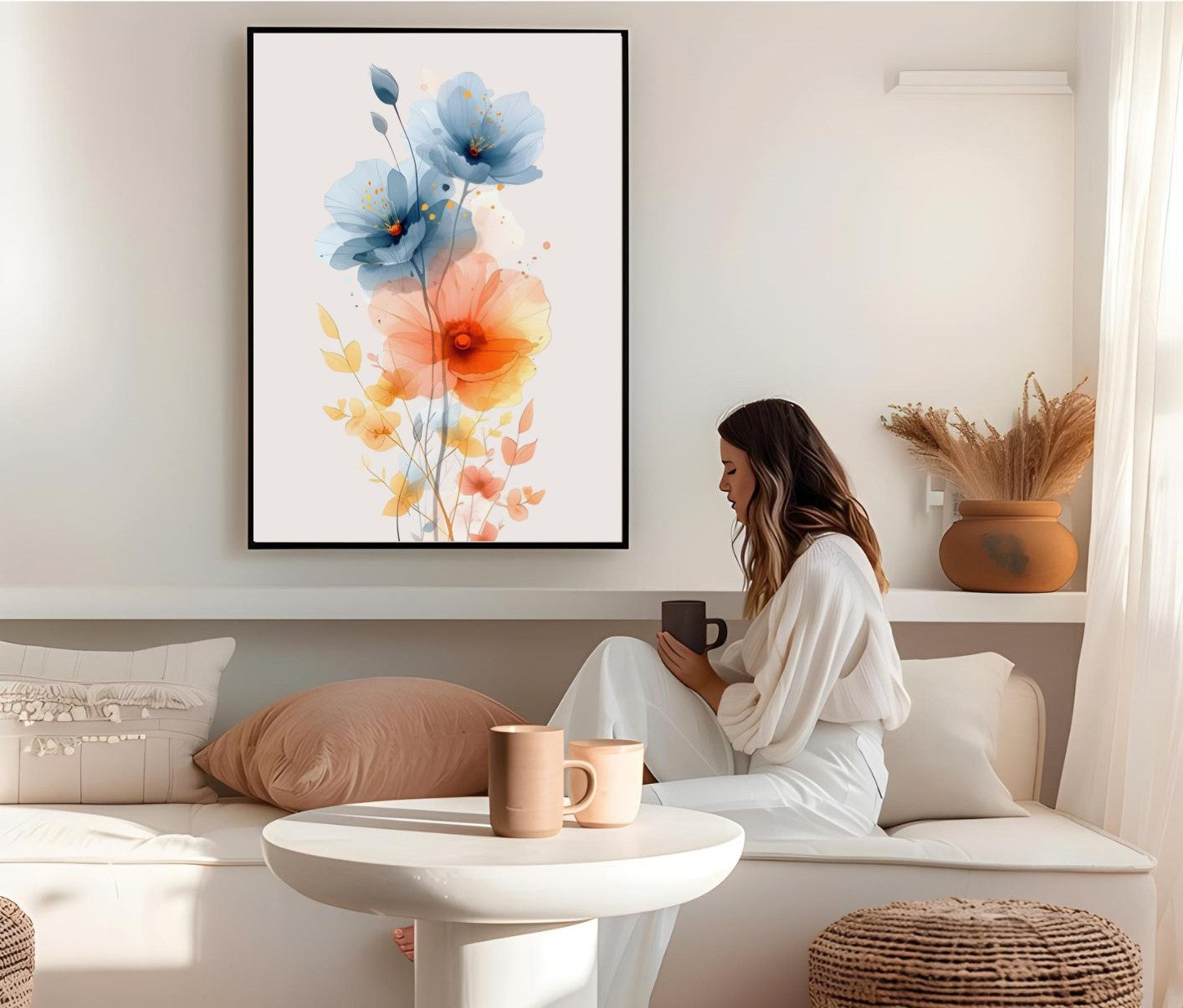 Watercolor Floral Wall Art – Modern Botanical Print with Blue and Orange Flowers – Minimalist Nature Decor for Living Room or Bedroom
