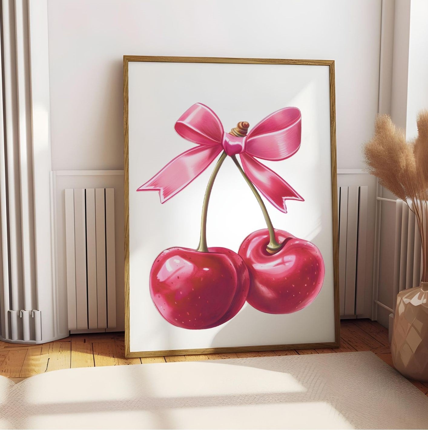 Retro Cherry Wall Art – Cute Pink Bow Kitchen Print – Pop Art Style Poster