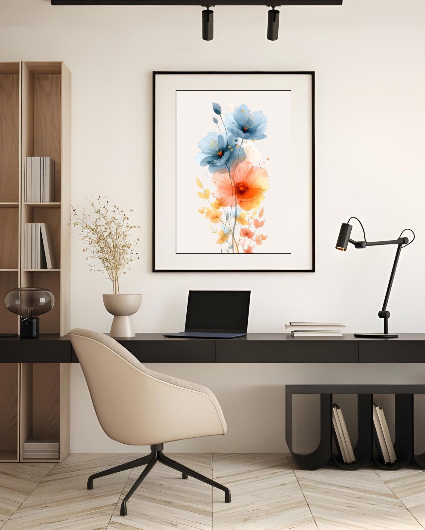 Watercolor Floral Wall Art – Modern Botanical Print with Blue and Orange Flowers – Minimalist Nature Decor for Living Room or Bedroom