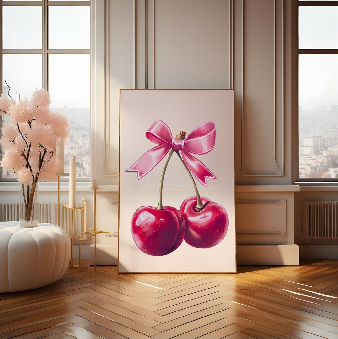 Retro Cherry Wall Art – Cute Pink Bow Kitchen Print – Pop Art Style Poster