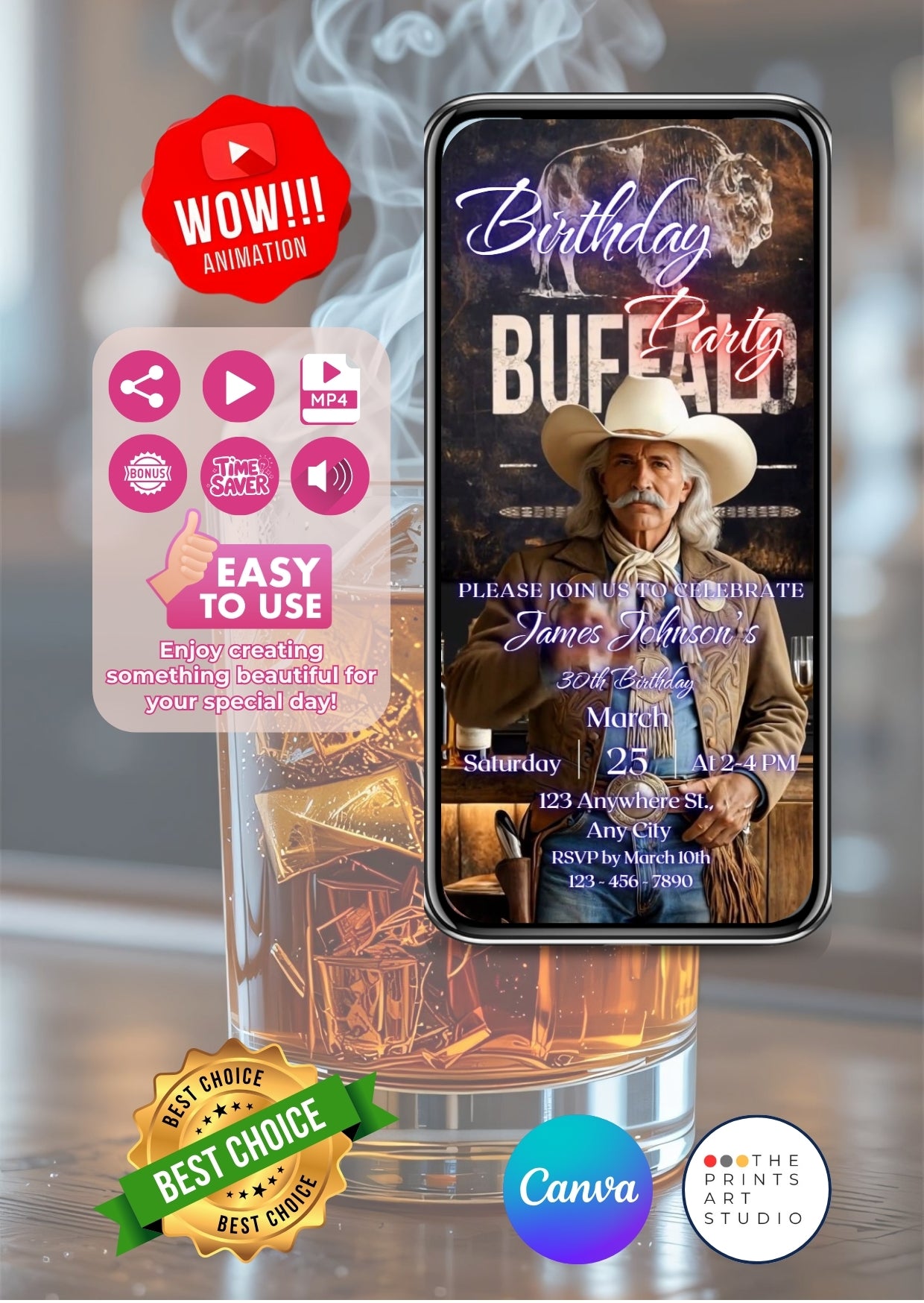 Buffalo Bill Birthday Invitation Video featuring a cowboy-themed phone display, whiskey glass, and event details.
