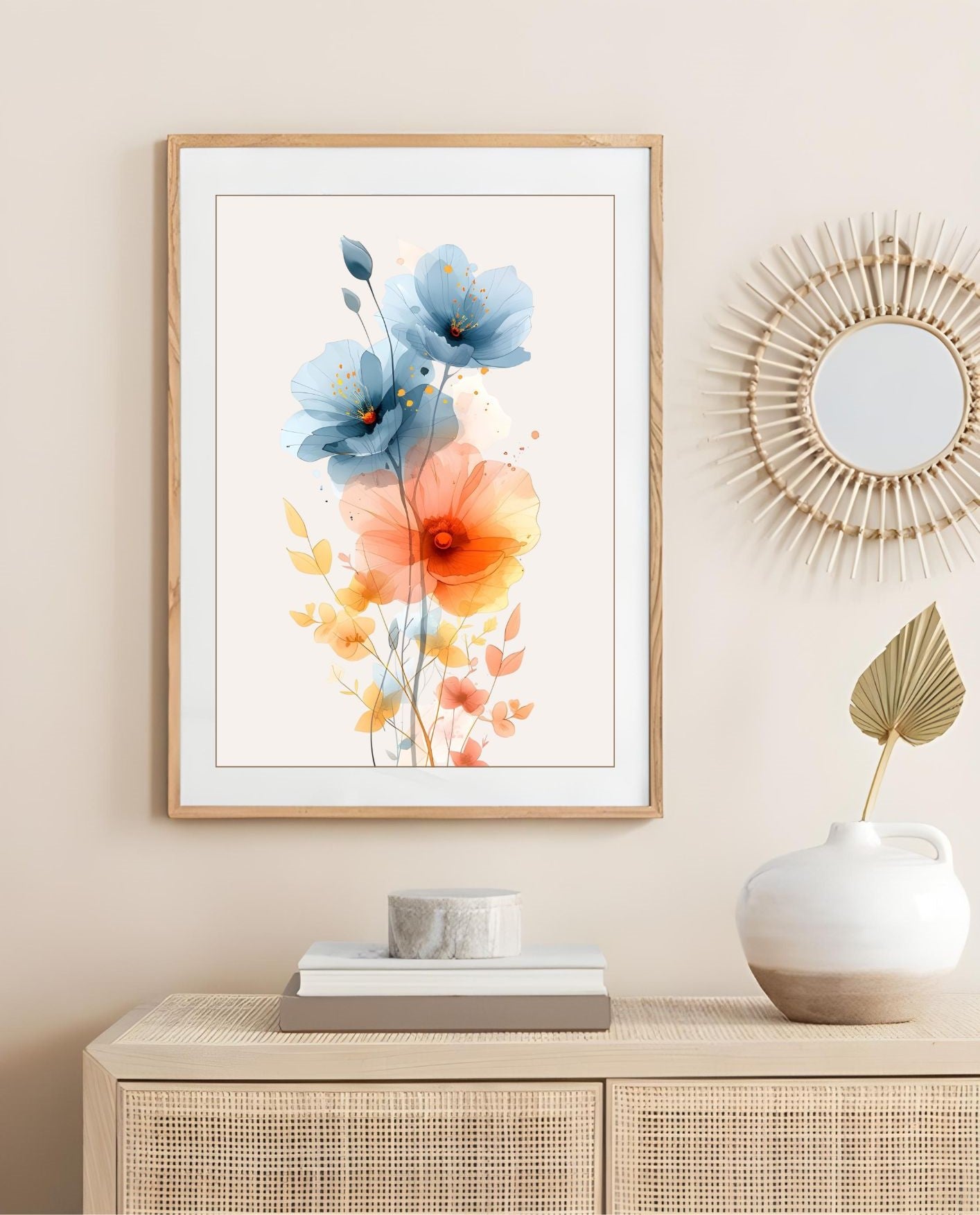 Watercolor Floral Wall Art – Modern Botanical Print with Blue and Orange Flowers – Minimalist Nature Decor for Living Room or Bedroom