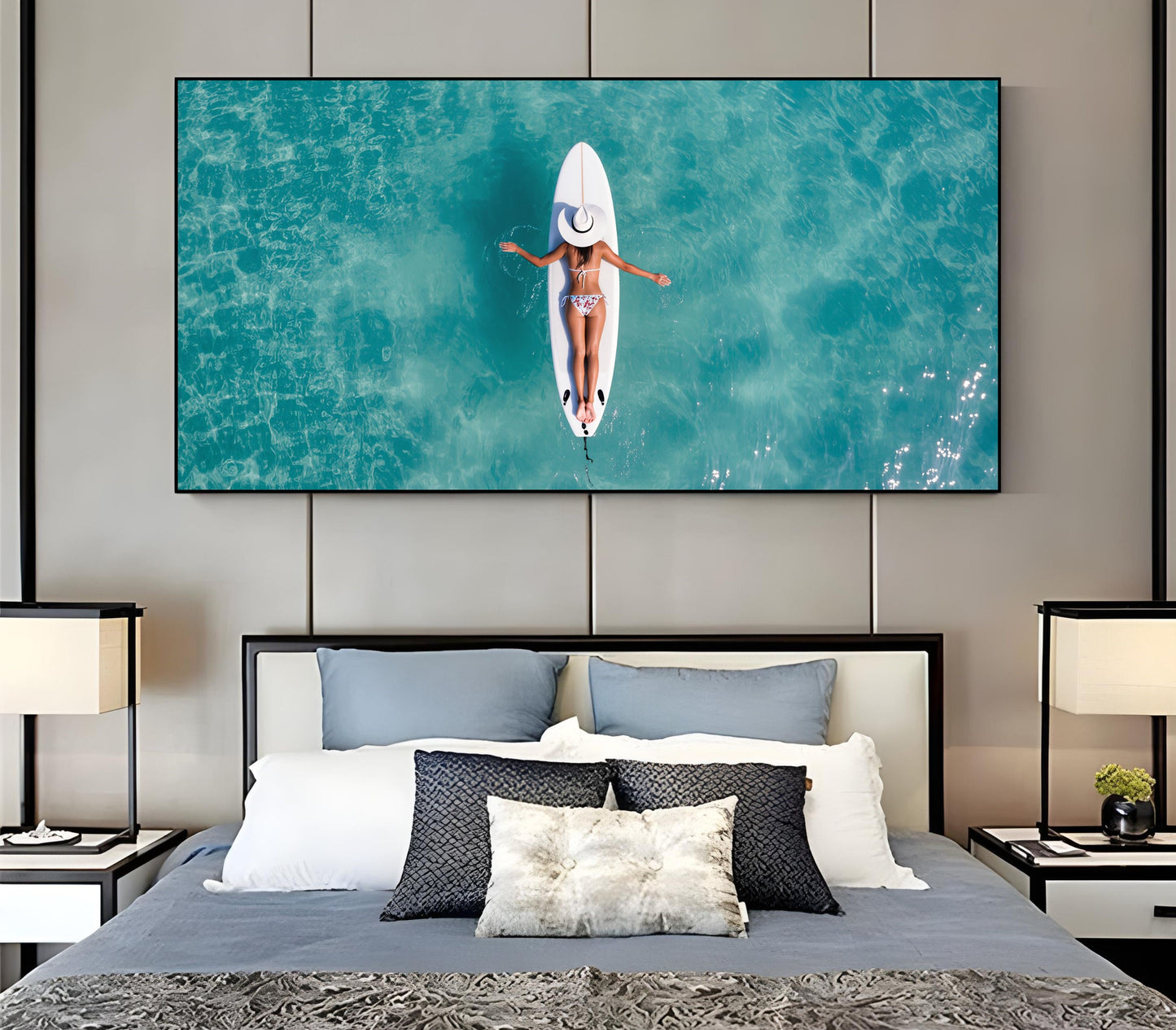 Surfboard Woman Aerial Ocean Print – Minimalist Beach Wall Art in a serene bedroom setting.