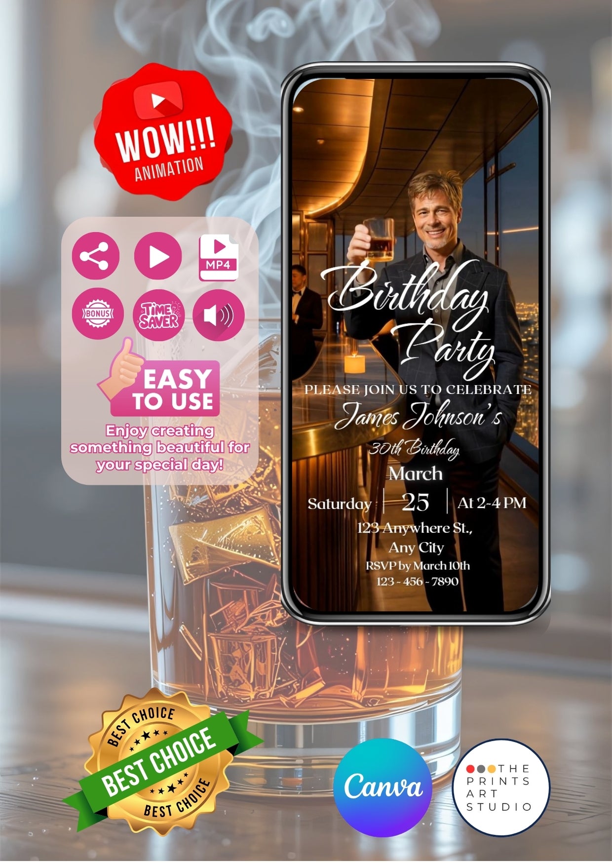 Whiskey Birthday Video Invitation displayed on smartphone with animation, elegant design, and golden lighting for a sophisticated celebration