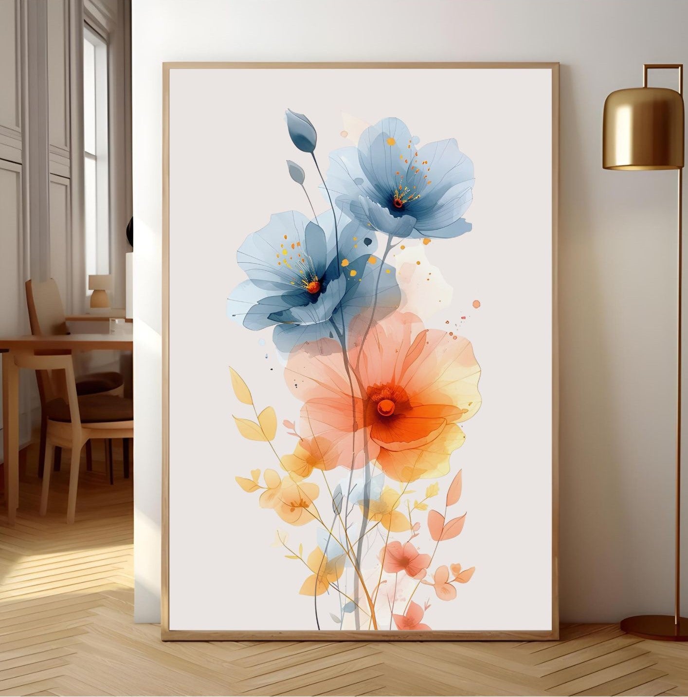 Watercolor Floral Wall Art – Modern Botanical Print with Blue and Orange Flowers – Minimalist Nature Decor for Living Room or Bedroom