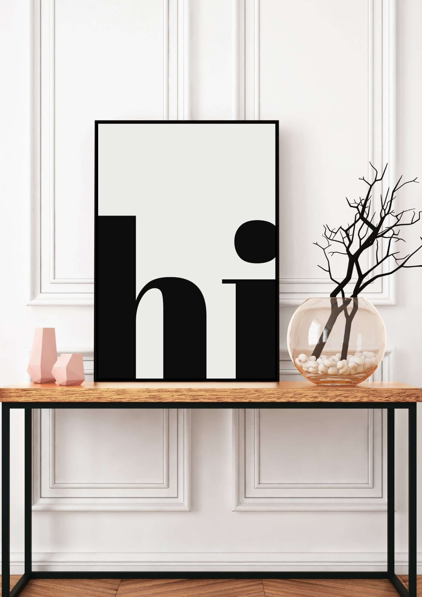 hi Typography Print, minimalist black and white wall art on a wooden table in a modern home interior