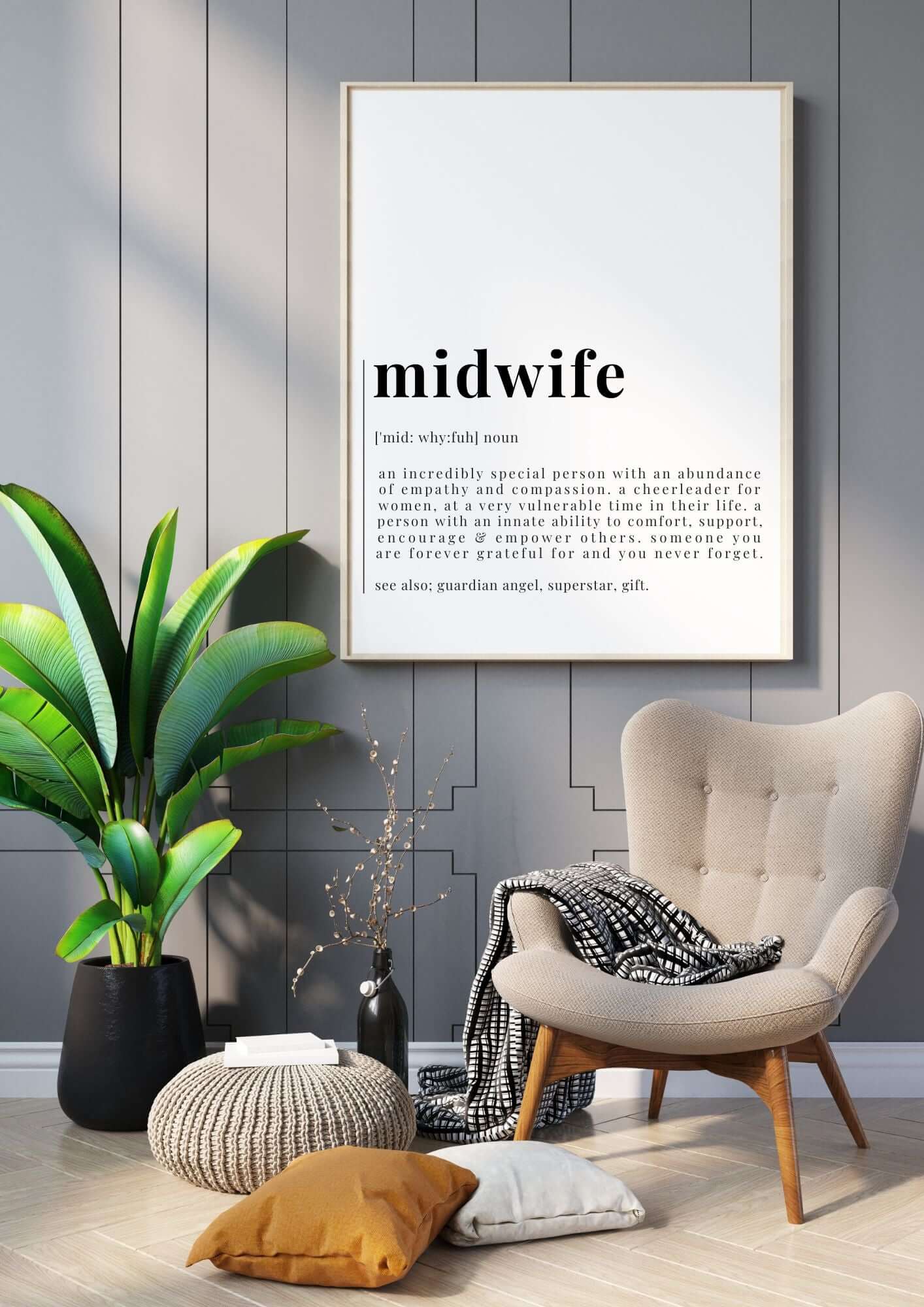 Midwife Definition Printable – Digital Wall Art Gift for Birth Workers, elegant decor honoring midwives' compassion and dedication.