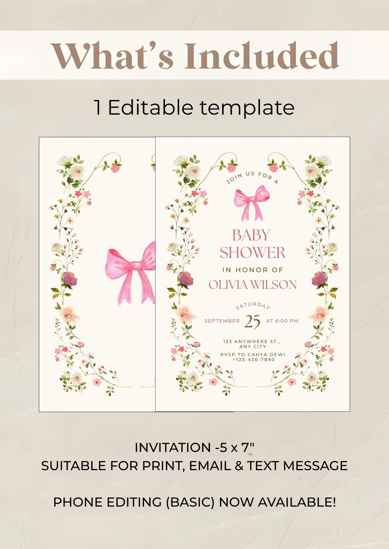 Pink Floral Baby Shower Invitation, Feminine Watercolor Girl Baby Shower Invite, Editable Digital Download Template showing invitation design.