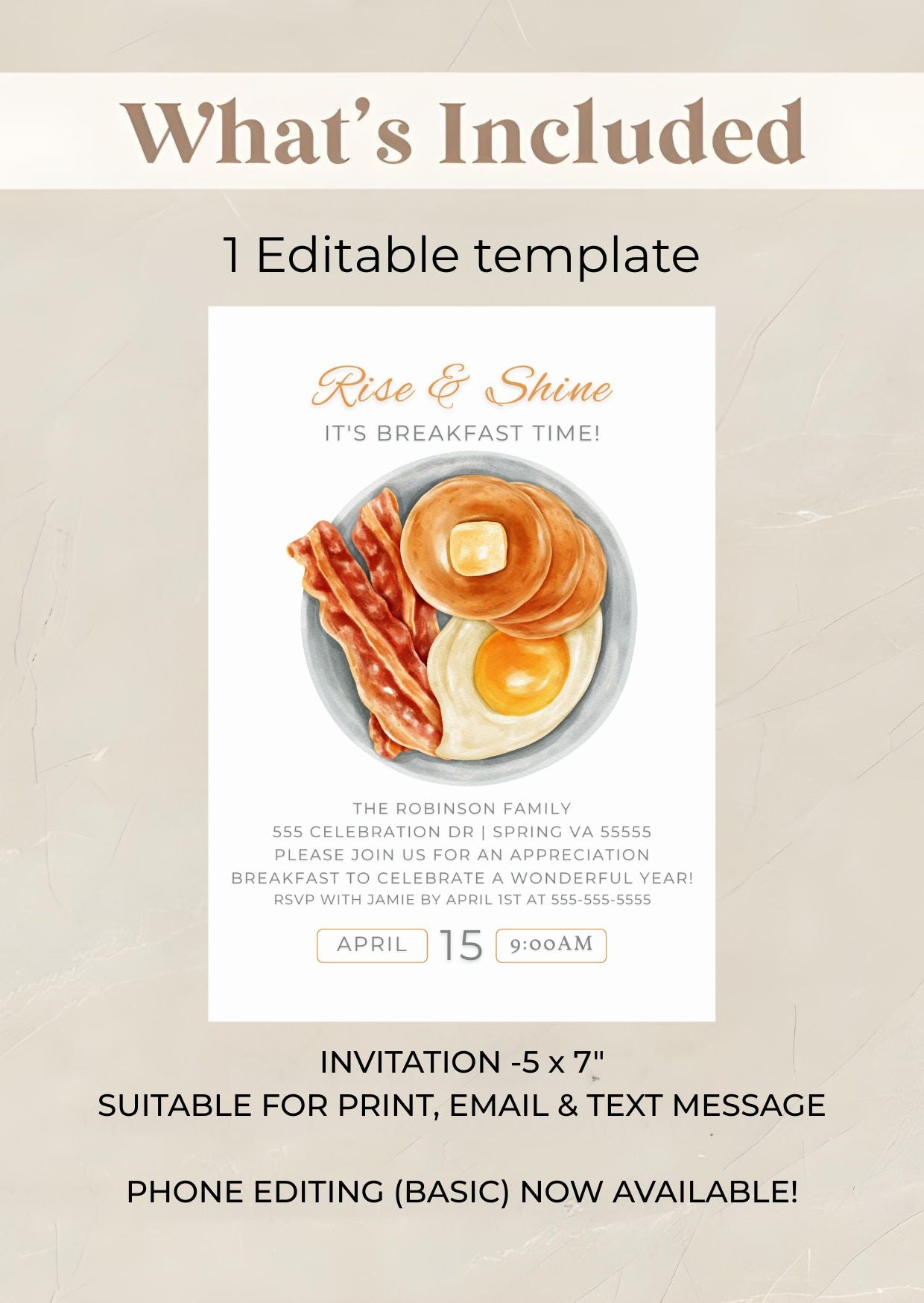 Editable Breakfast Invitation – Rise & Shine Brunch Party Invite, Digital Morning Event Card with pancakes and bacon design.