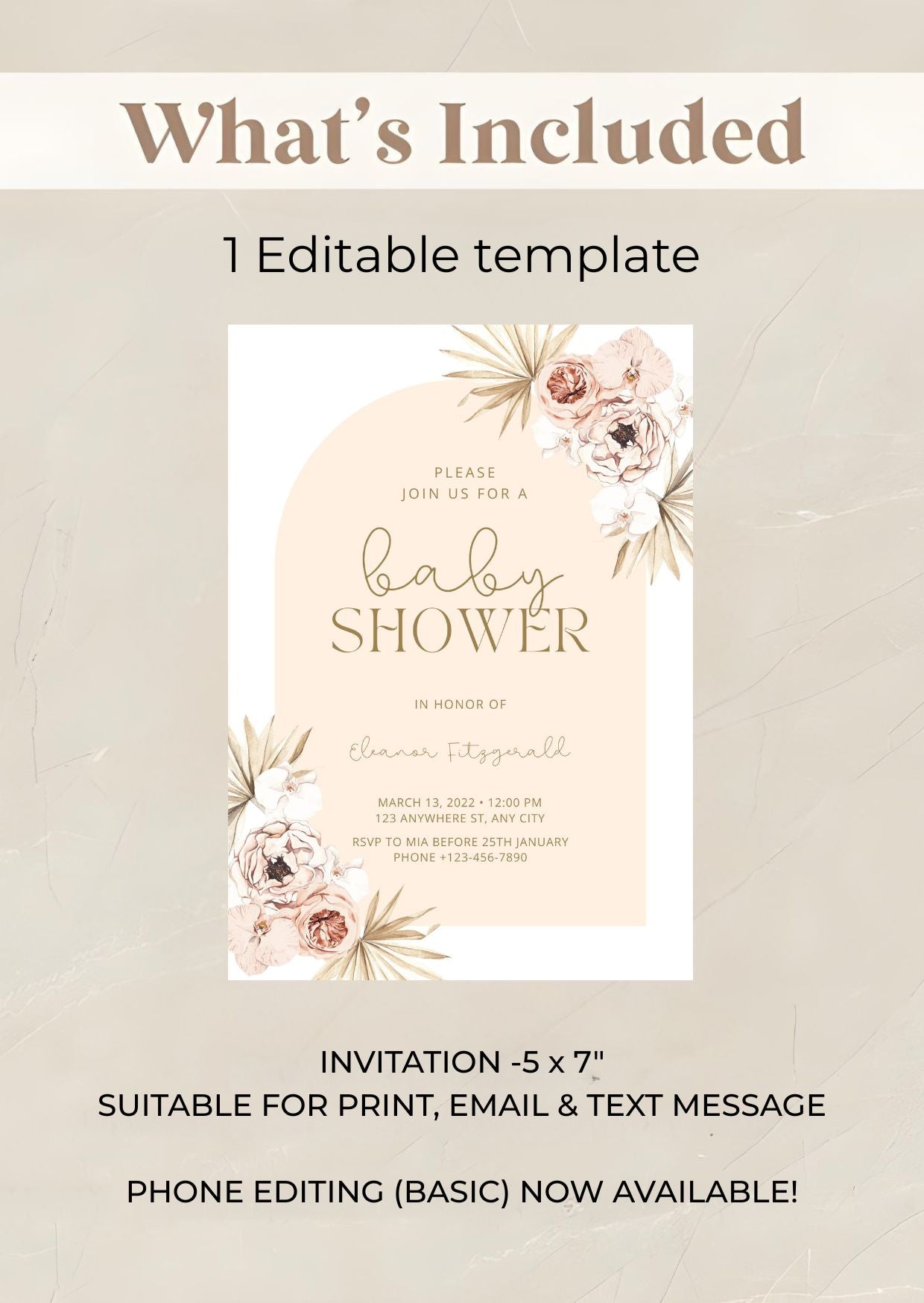 Pastel Boho Floral Baby Shower Invitation | Neutral Arch Editable Template | Digital Download with watercolor florals displayed