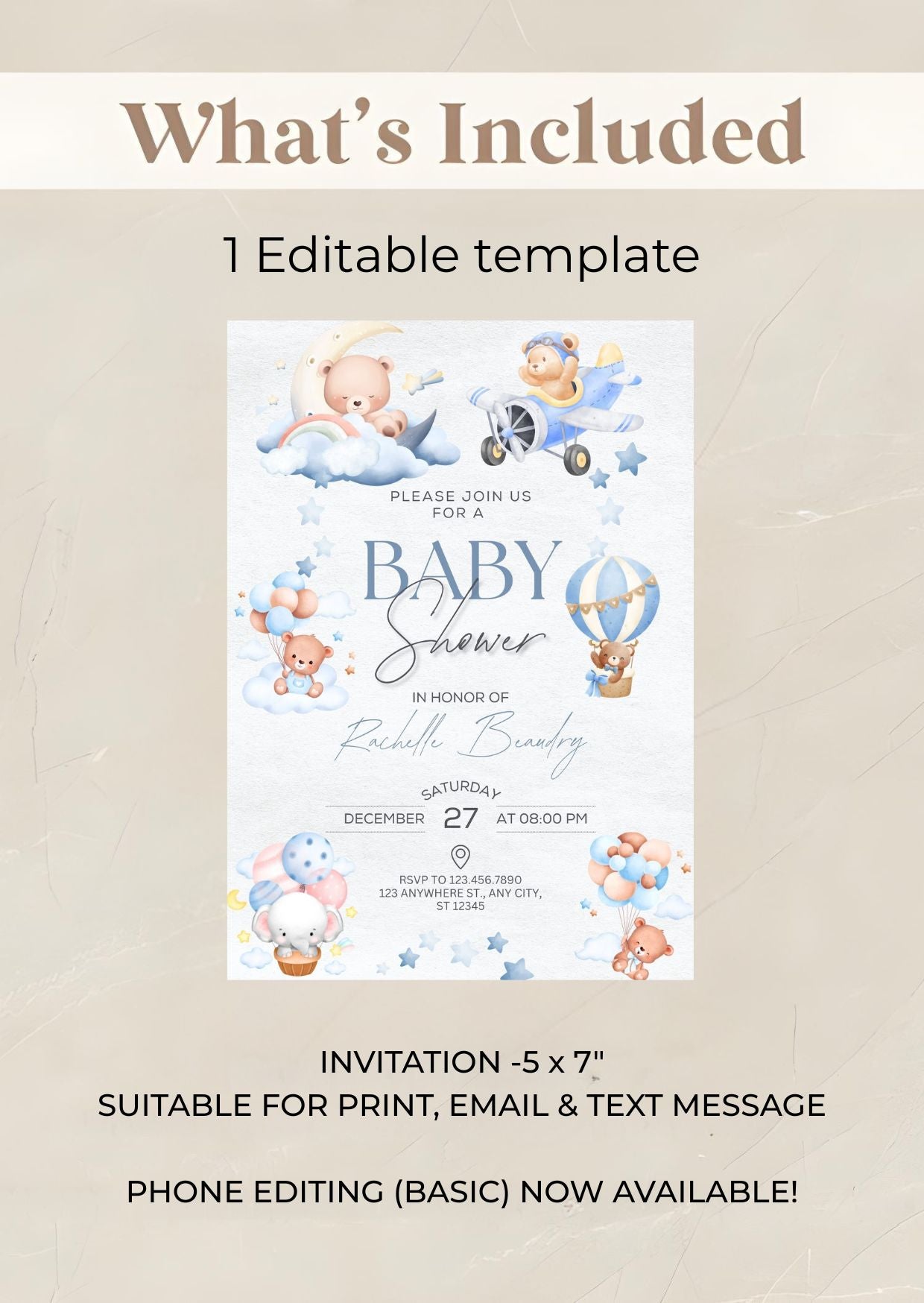 Editable baby shower invitation template with teddy bear and balloon theme. Includes 1 template, available for print, email & text.