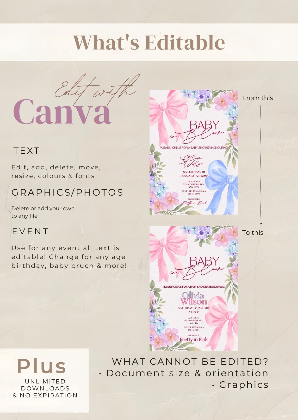 Baby in Bloom Baby Shower Invitation | Pink Floral Bow Editable Template | Printable Party Invite shown with editing capabilities in Canva.