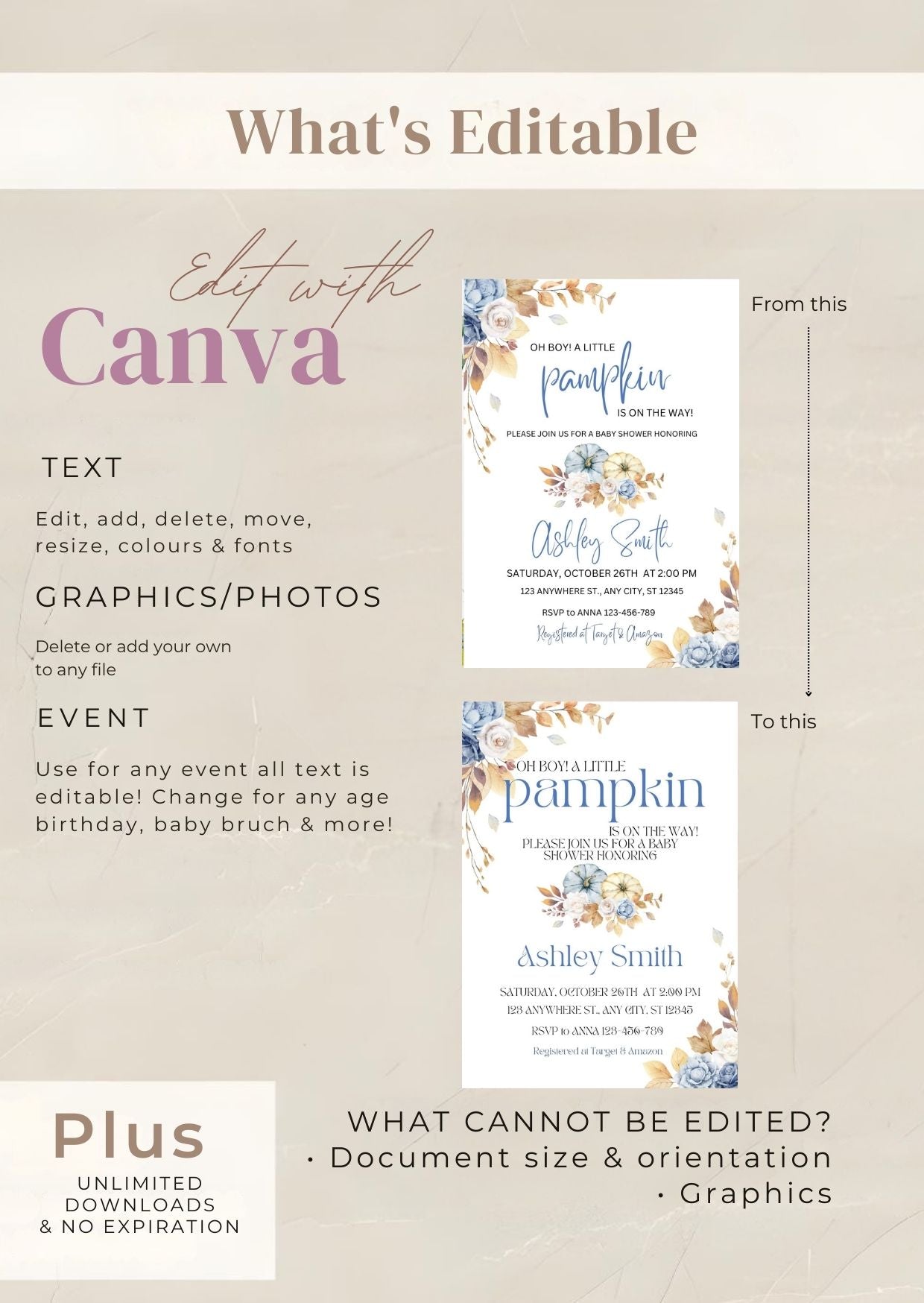 Blue Pumpkin Baby Shower Invitation | Editable Fall Baby Shower Invite | Rustic Floral Digital Download Canva template
