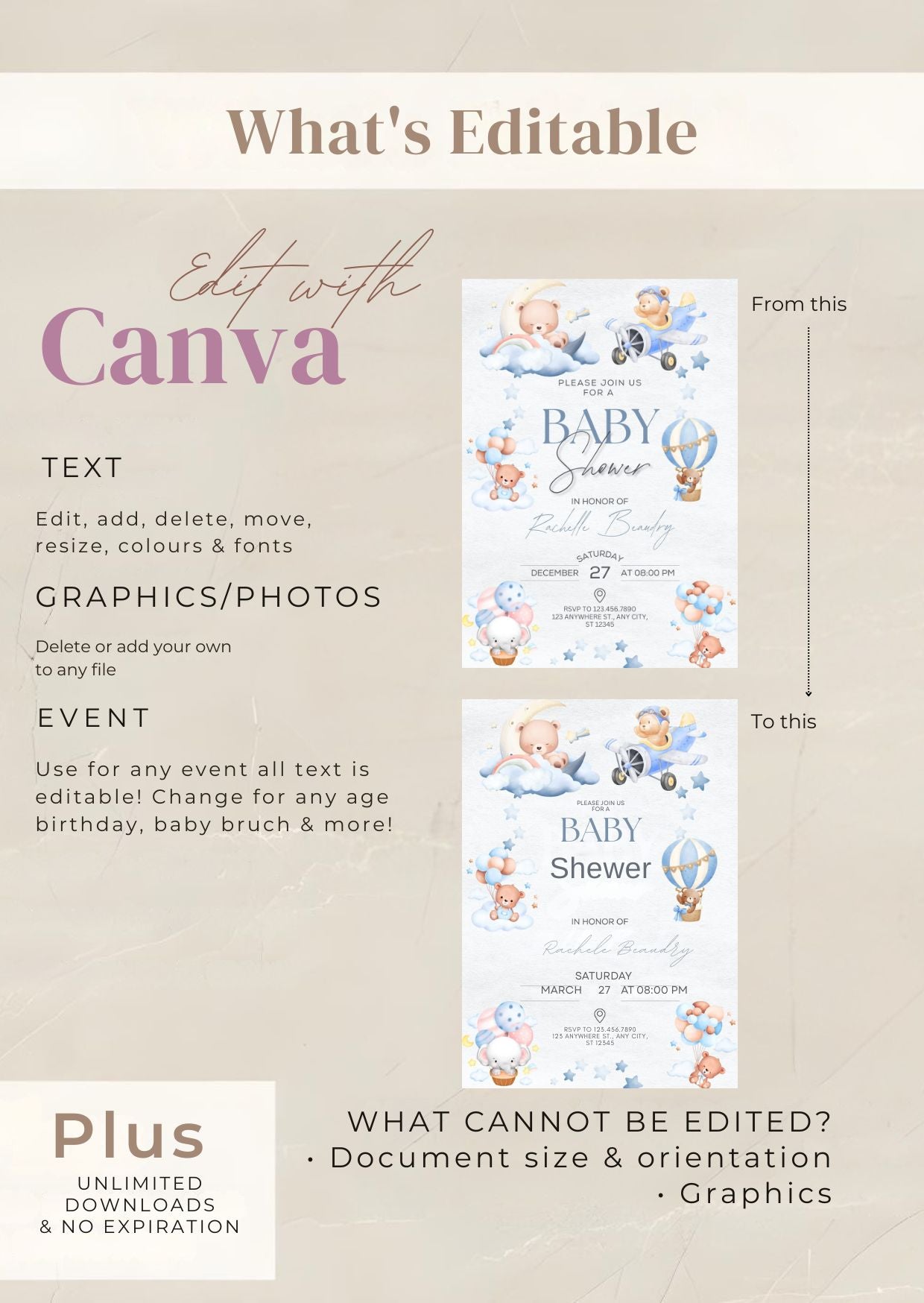 Editable baby shower invitation template display with Canva features.