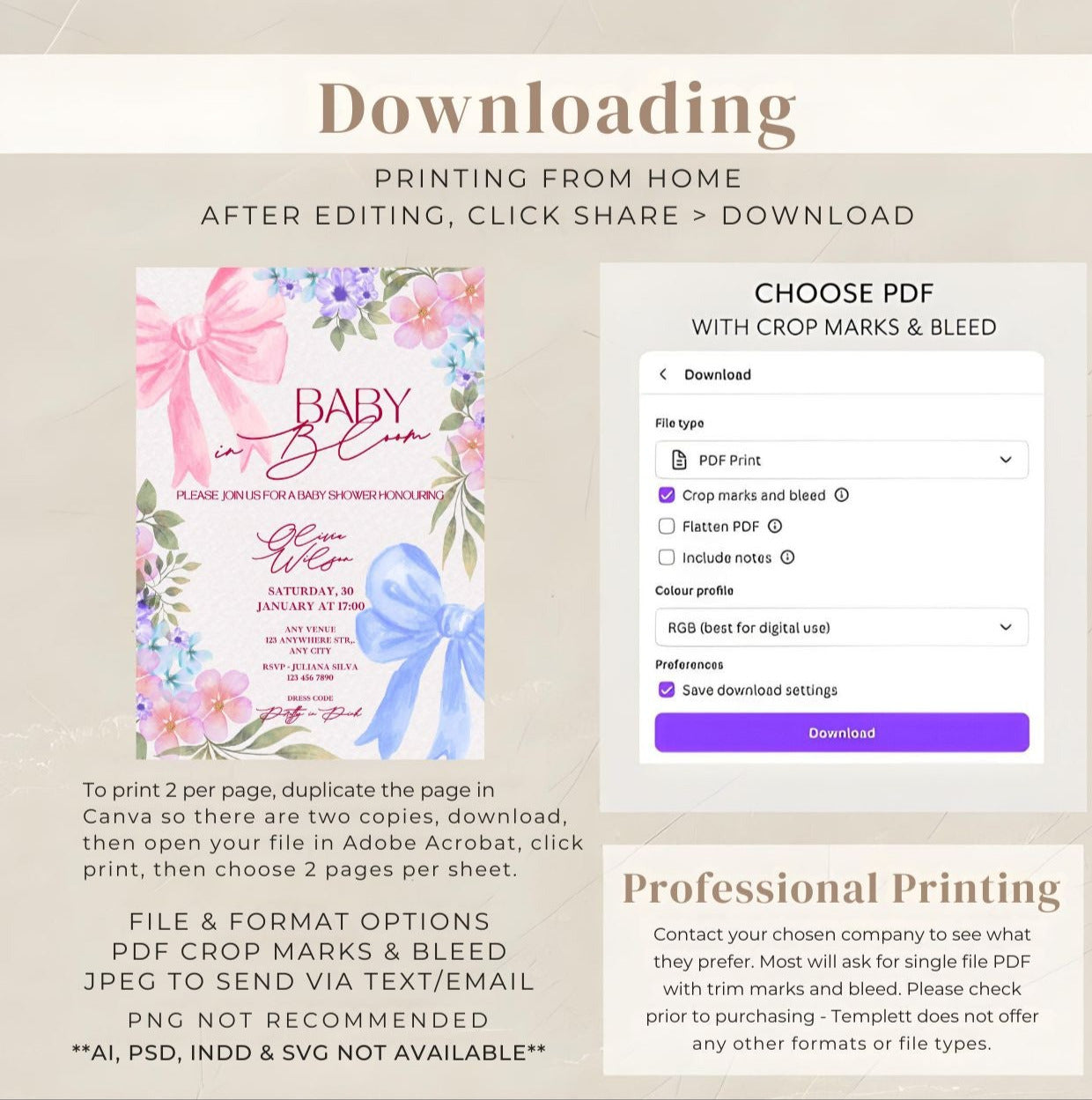 Baby in Bloom Baby Shower Invitation | Pink Floral Bow Editable Template | Printable Party Invite with download instructions
