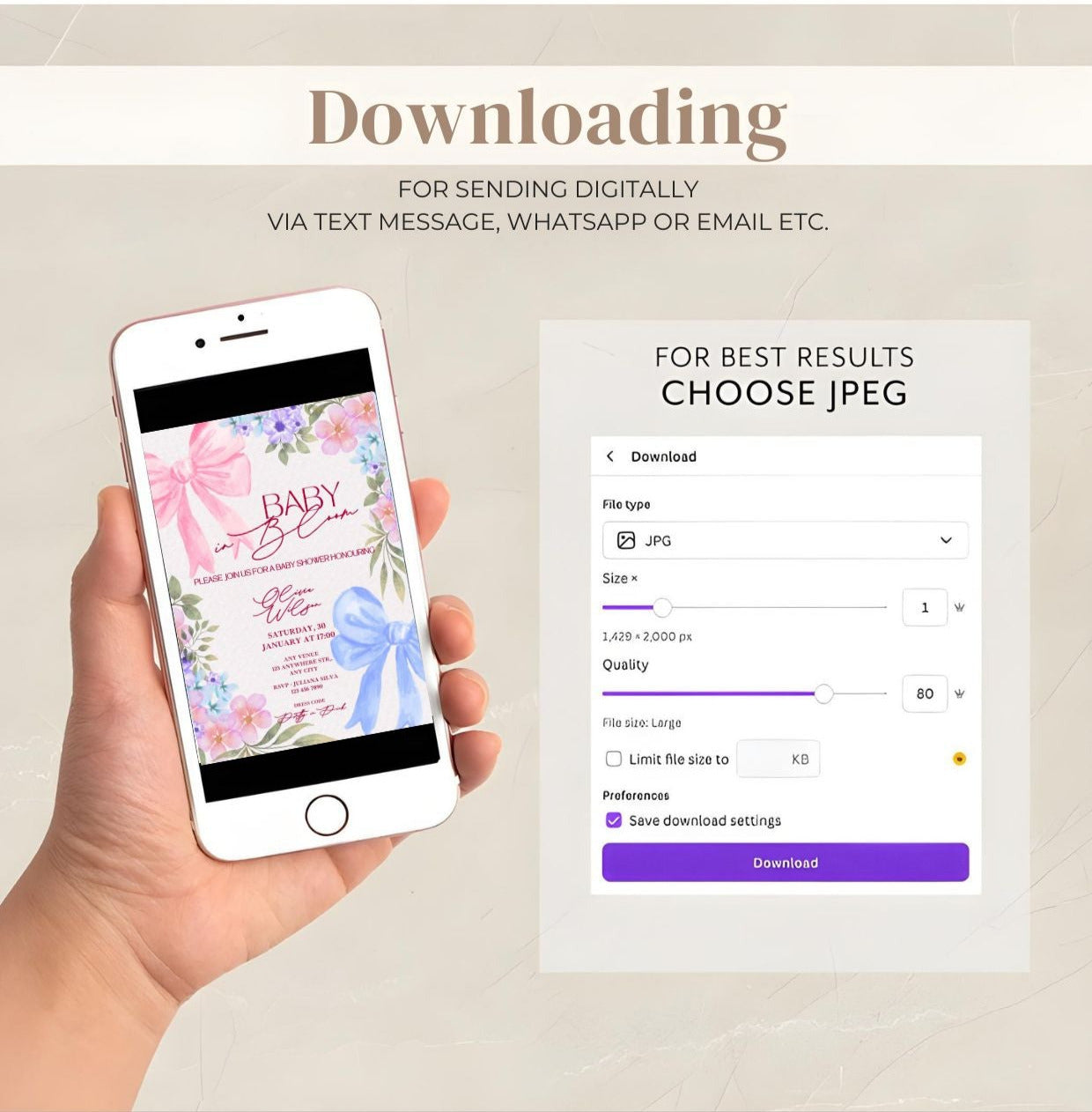 Hand holding phone displaying 'Baby in Bloom Baby Shower Invitation' with pink floral bow template, showing downloading instructions.