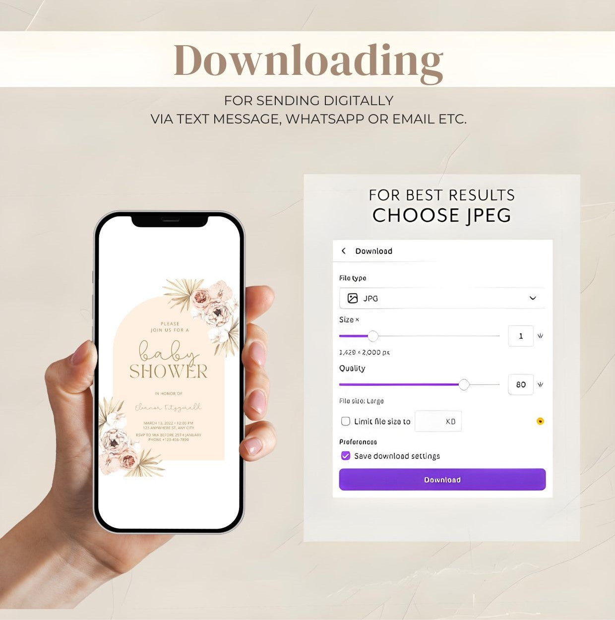 Pastel Boho Floral Baby Shower Invitation | Neutral Arch Editable Template | Digital Download displayed on smartphone screen