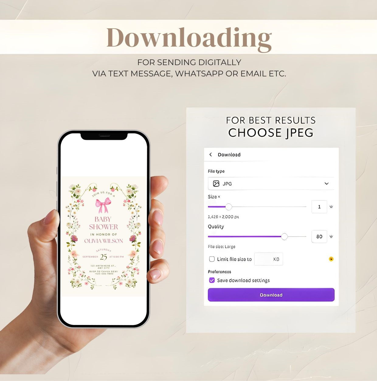 Pink Floral Baby Shower Invitation | Feminine Watercolor Girl Baby Shower Invite | Editable Digital Download Template on smartphone.