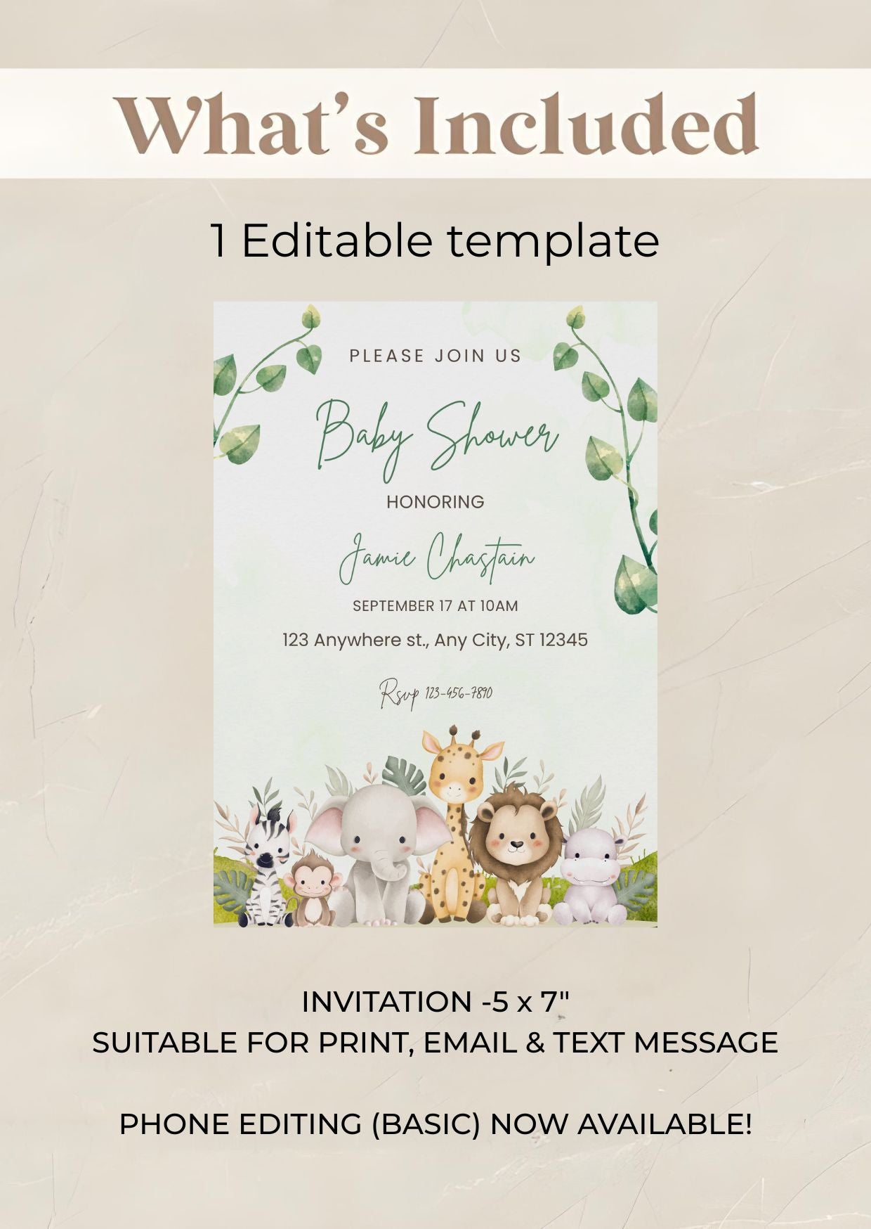 Safari Baby Shower Invitation | Jungle Animals Greenery Invite with editable template featuring watercolor jungle animals and greenery.