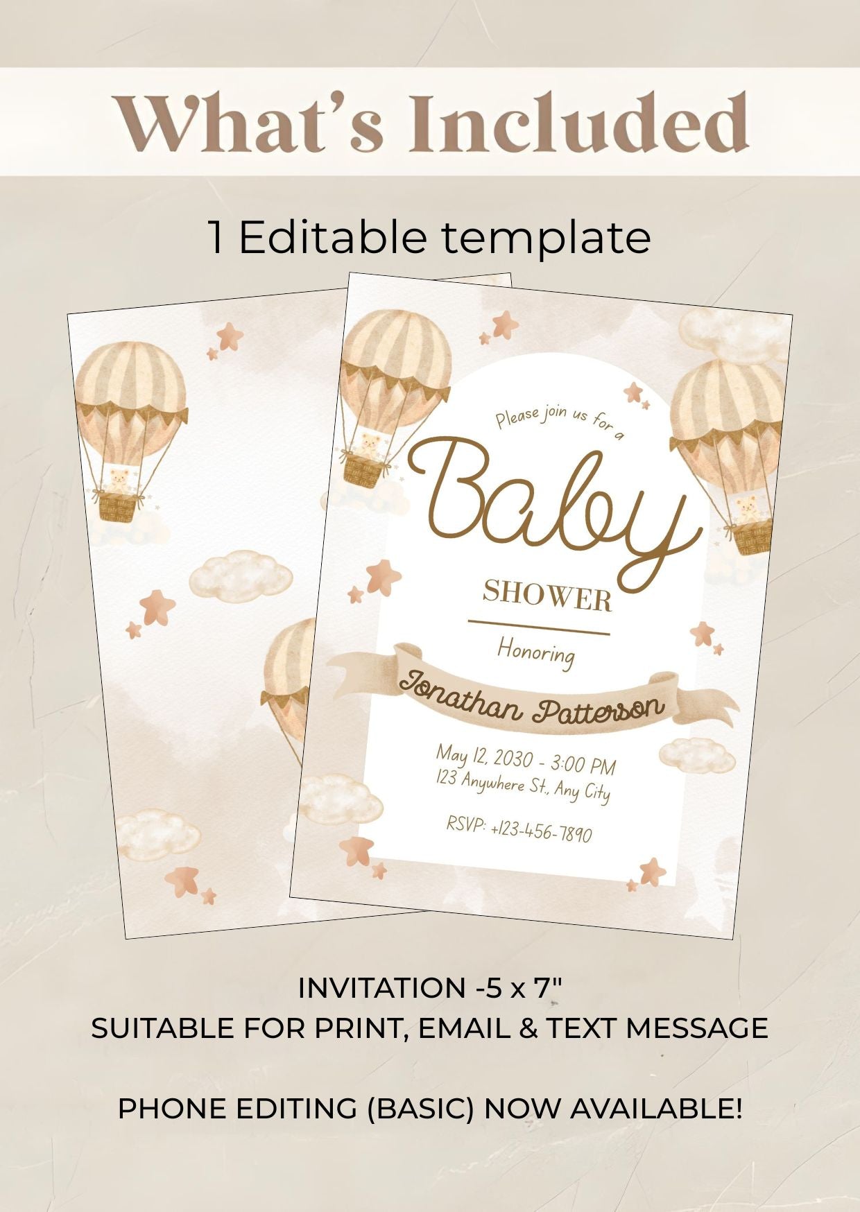 Beige Hot Air Balloon Baby Shower Invitation | Editable Neutral Baby Shower Invite | Printable Gender Neutral Baby Shower Card