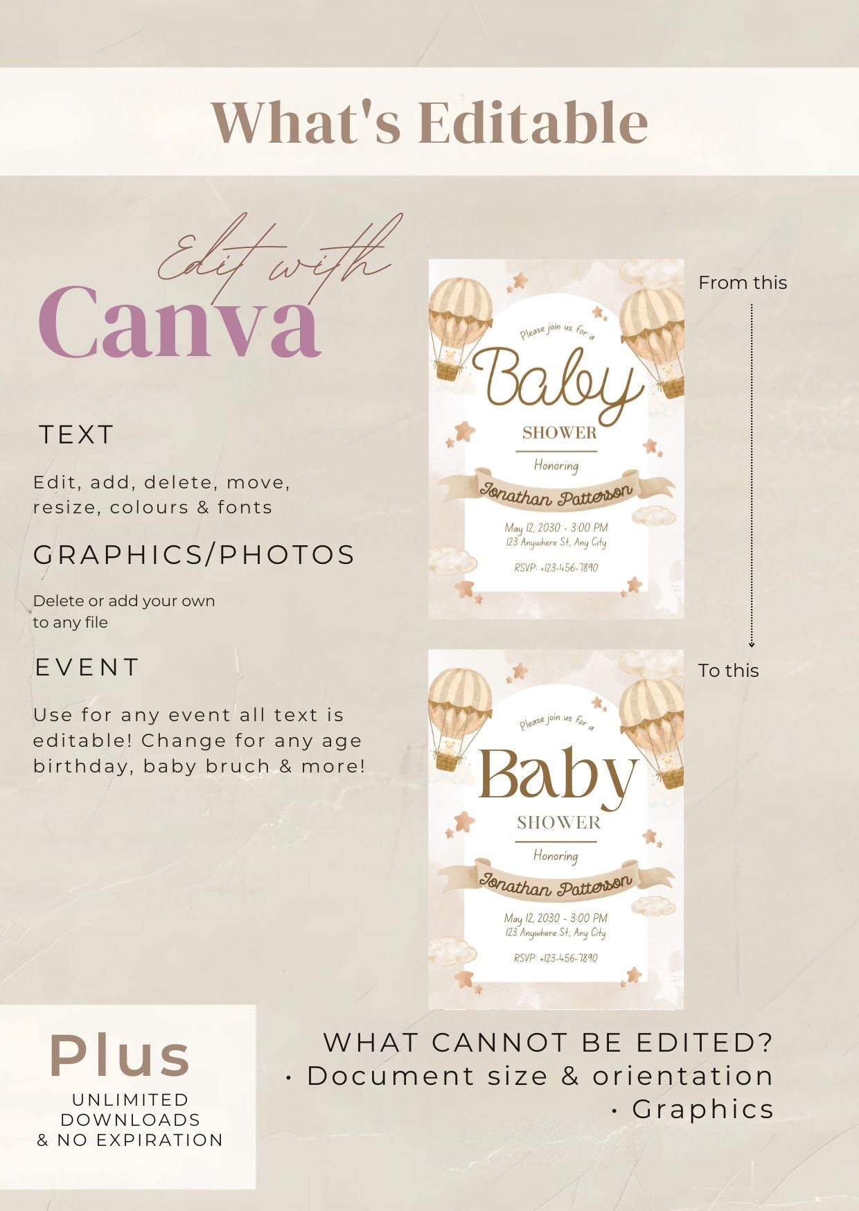 Editable Beige Hot Air Balloon Baby Shower Invitation with Canva | Printable Gender Neutral Baby Shower Card | Editable Neutral Invite