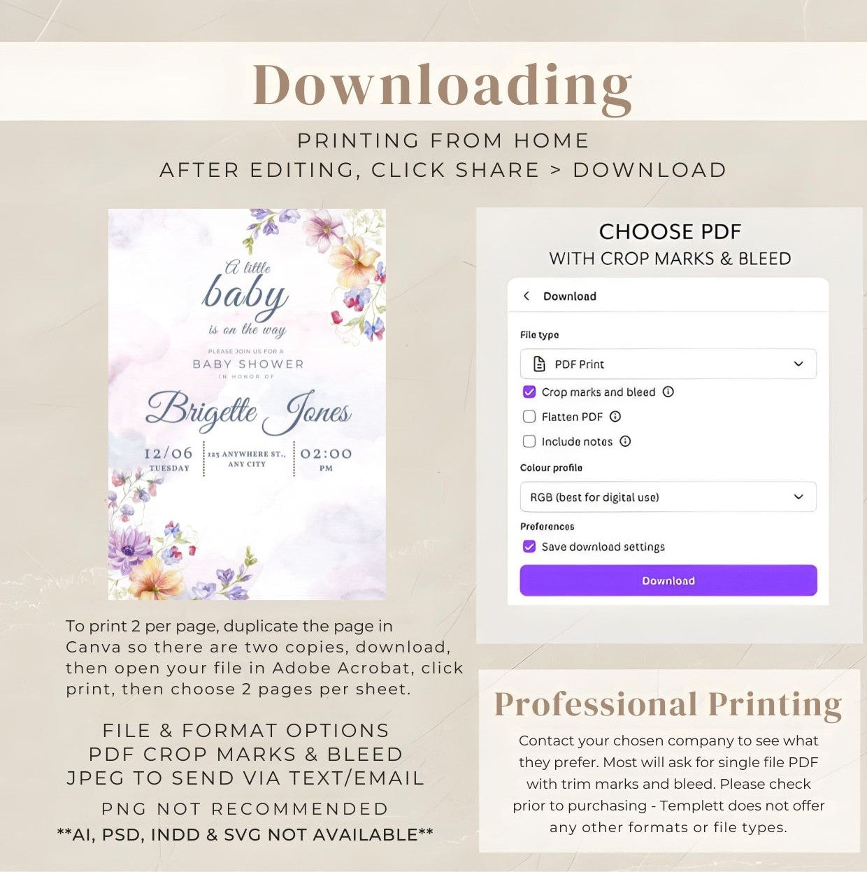 Watercolor Floral Baby Shower Invitation – Editable Digital Template download and printing options guide