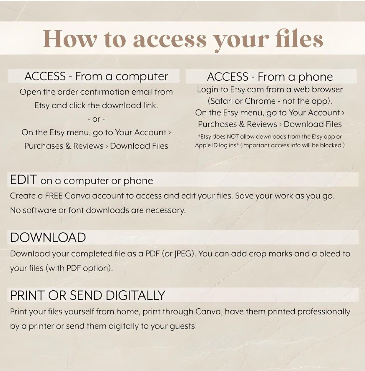 Instructions on how to access and edit digital files, with steps for accessing from computer or phone, editing in Canva, downloading, and printing.