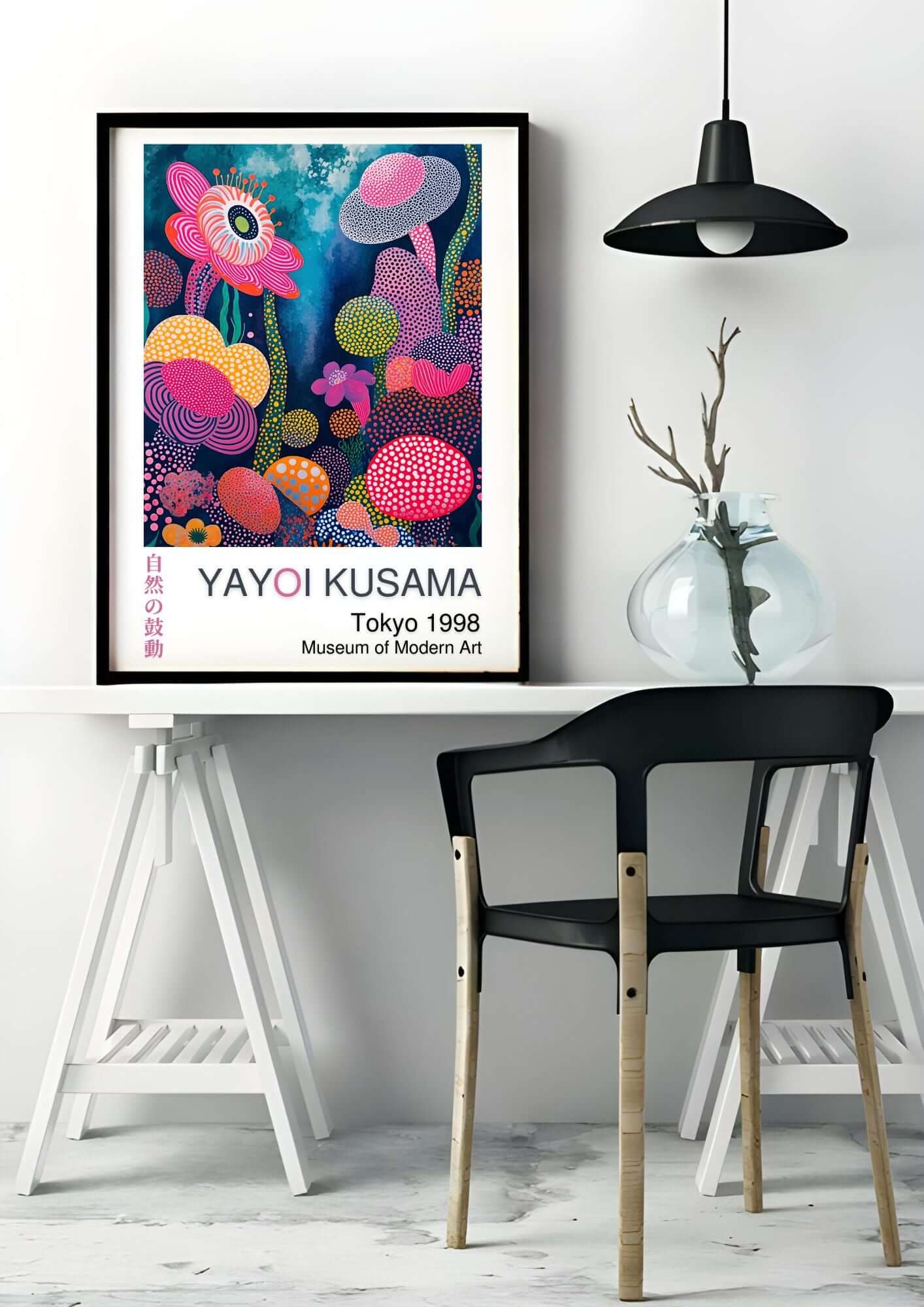 Yayoi Kusama Inspired Abstract Floral Art Print – Digital Download displayed on a modern white desk with a black chair.